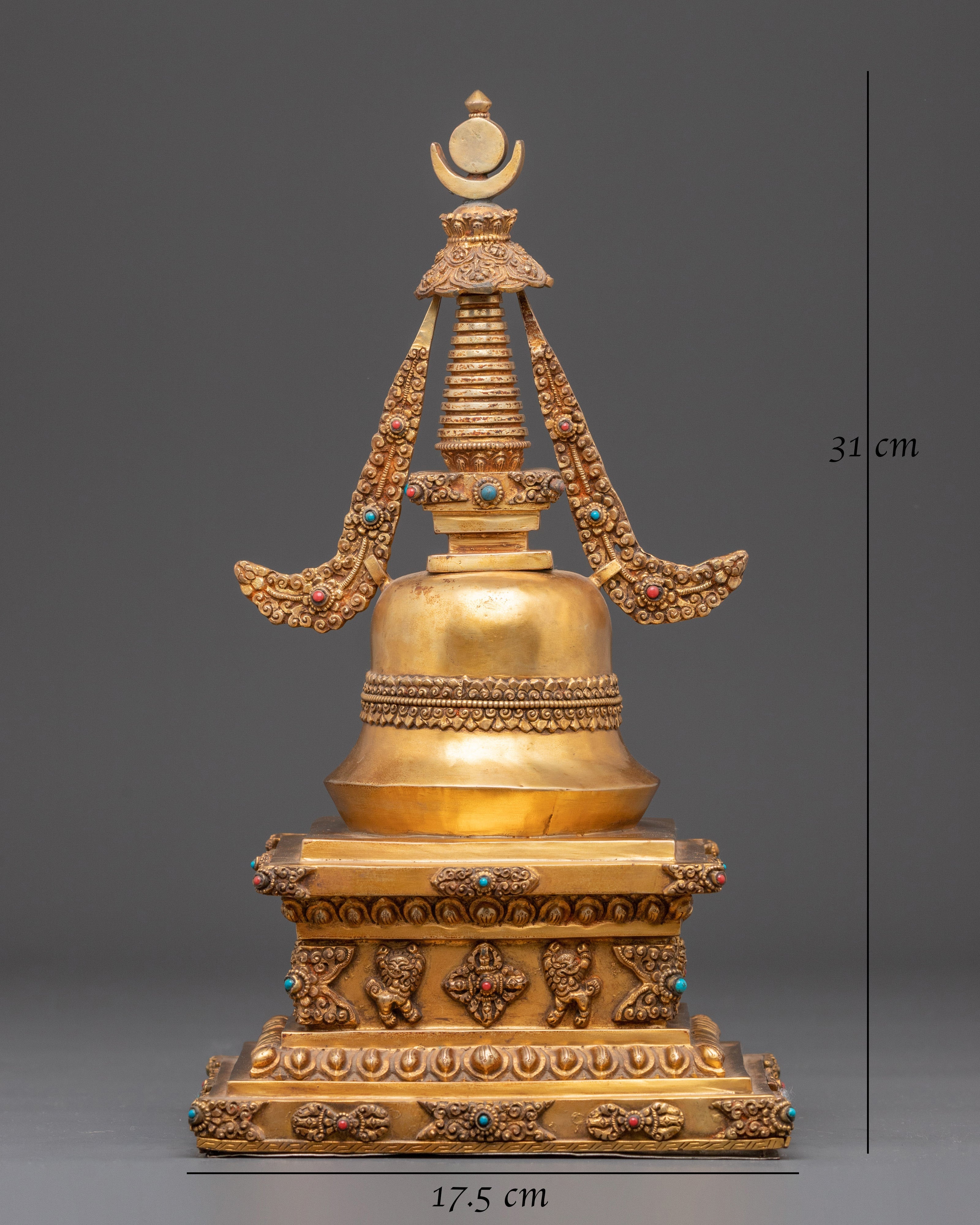 Sacred Buddhist Stupa Monument | Gold Plated Copper with Turquoise Inlay