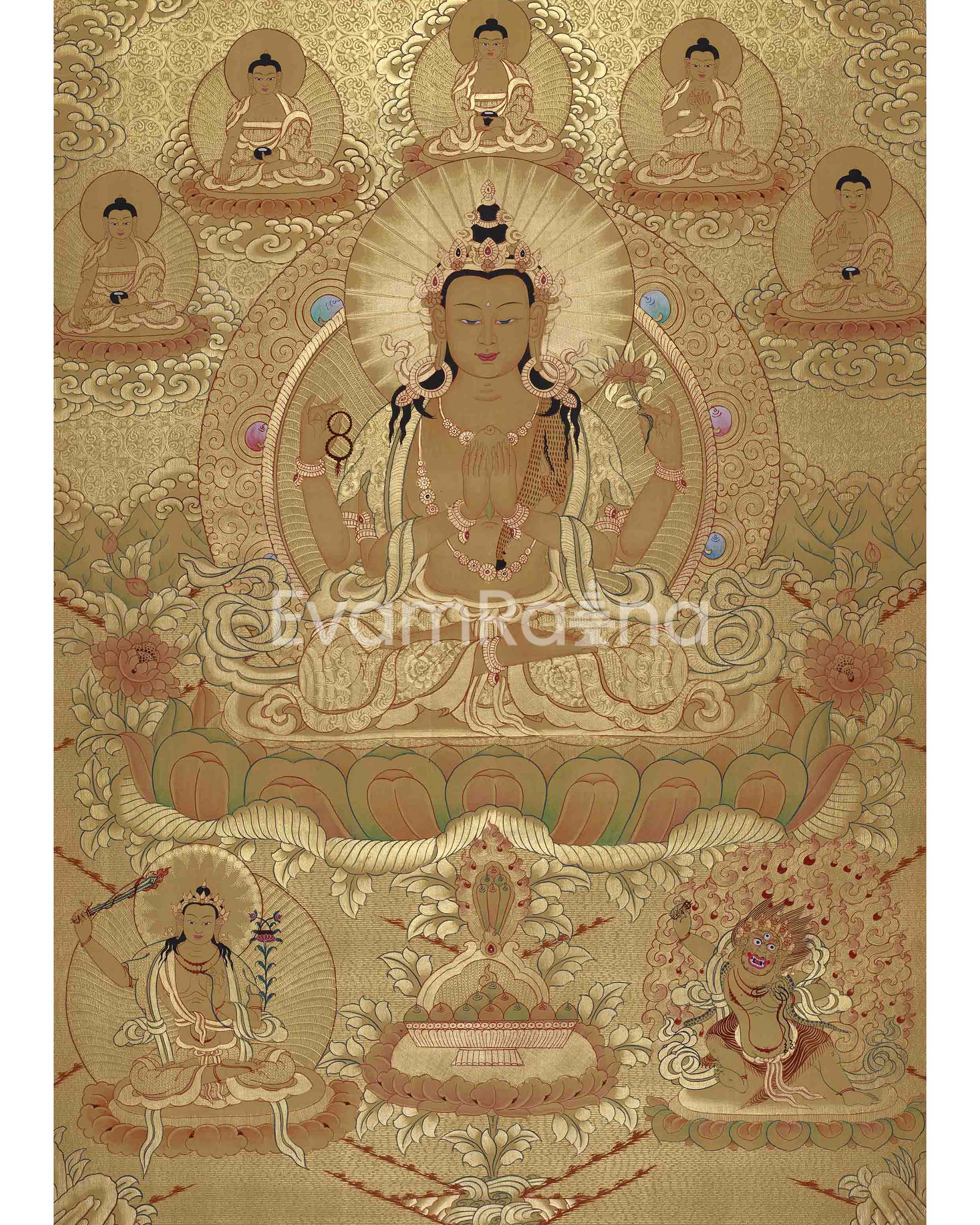 Full Gold Chengrezig Thangka Featuring Five Buddha, Manjushri, and Vajrapani