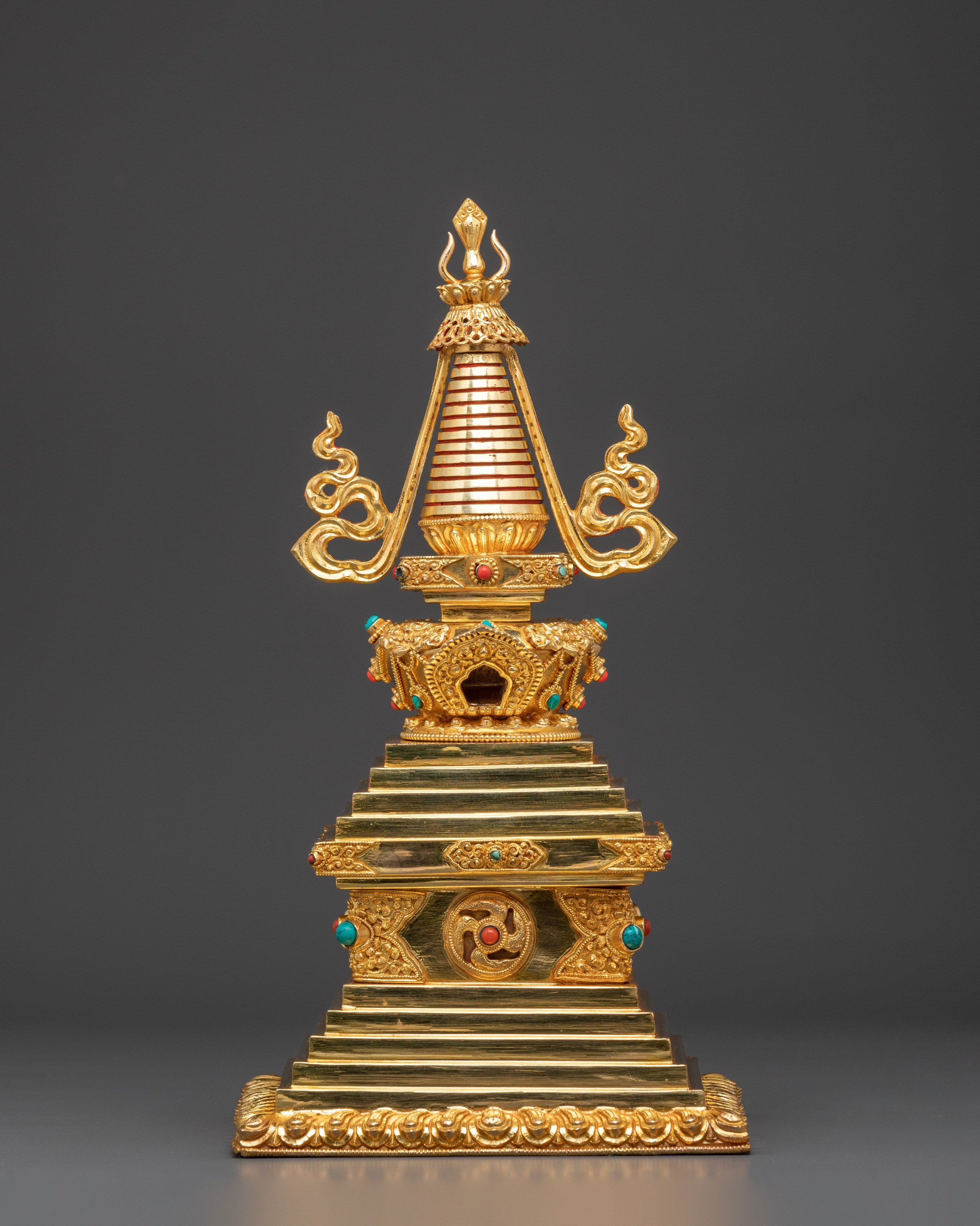 Gold Plated Buddhist Stupa for Rituals | Tibetan Copper Shrine