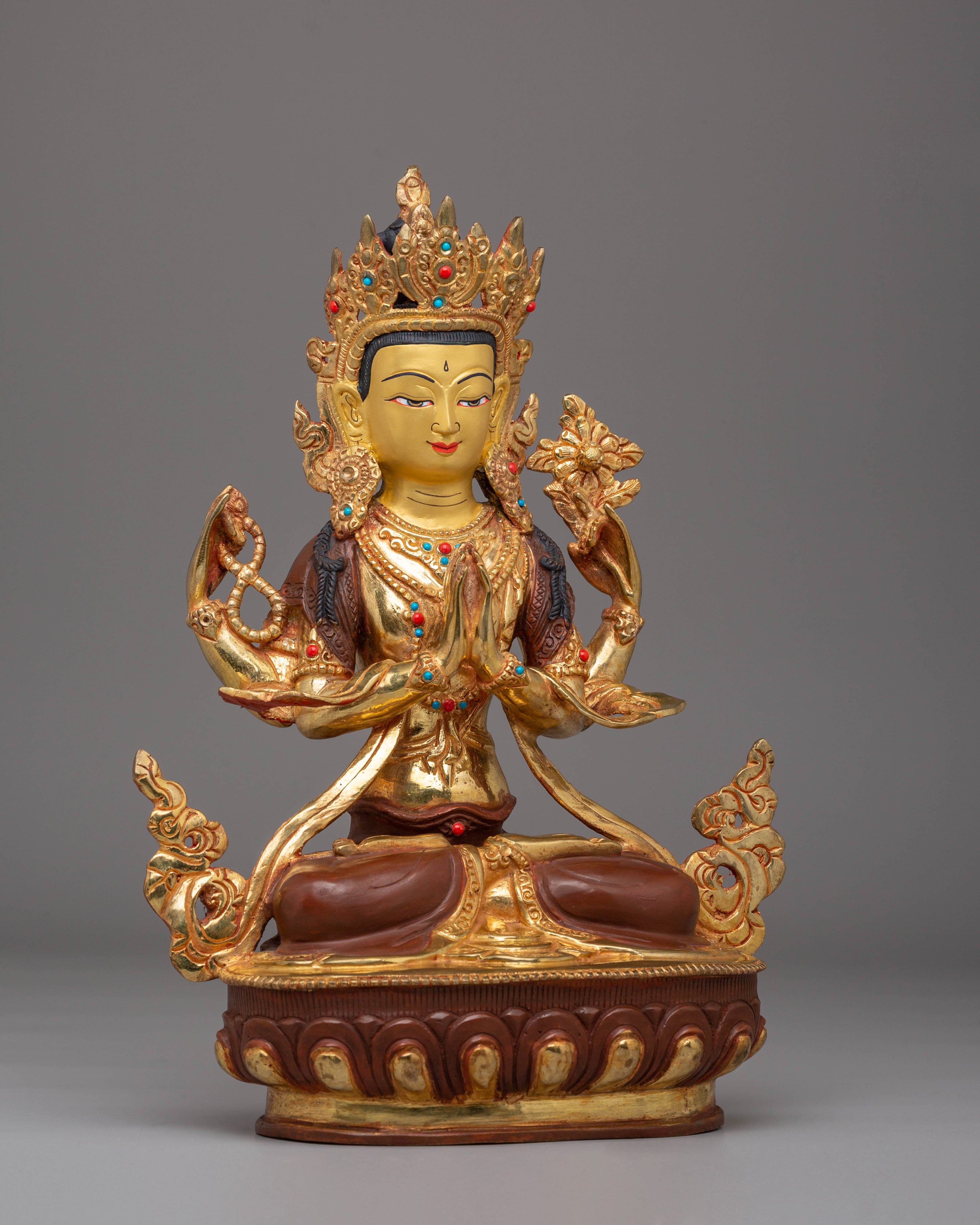 Sacred Bodhisattva Chenrezig Statue | Copper, Gold-Plated, Coral & Turquoise Inlays