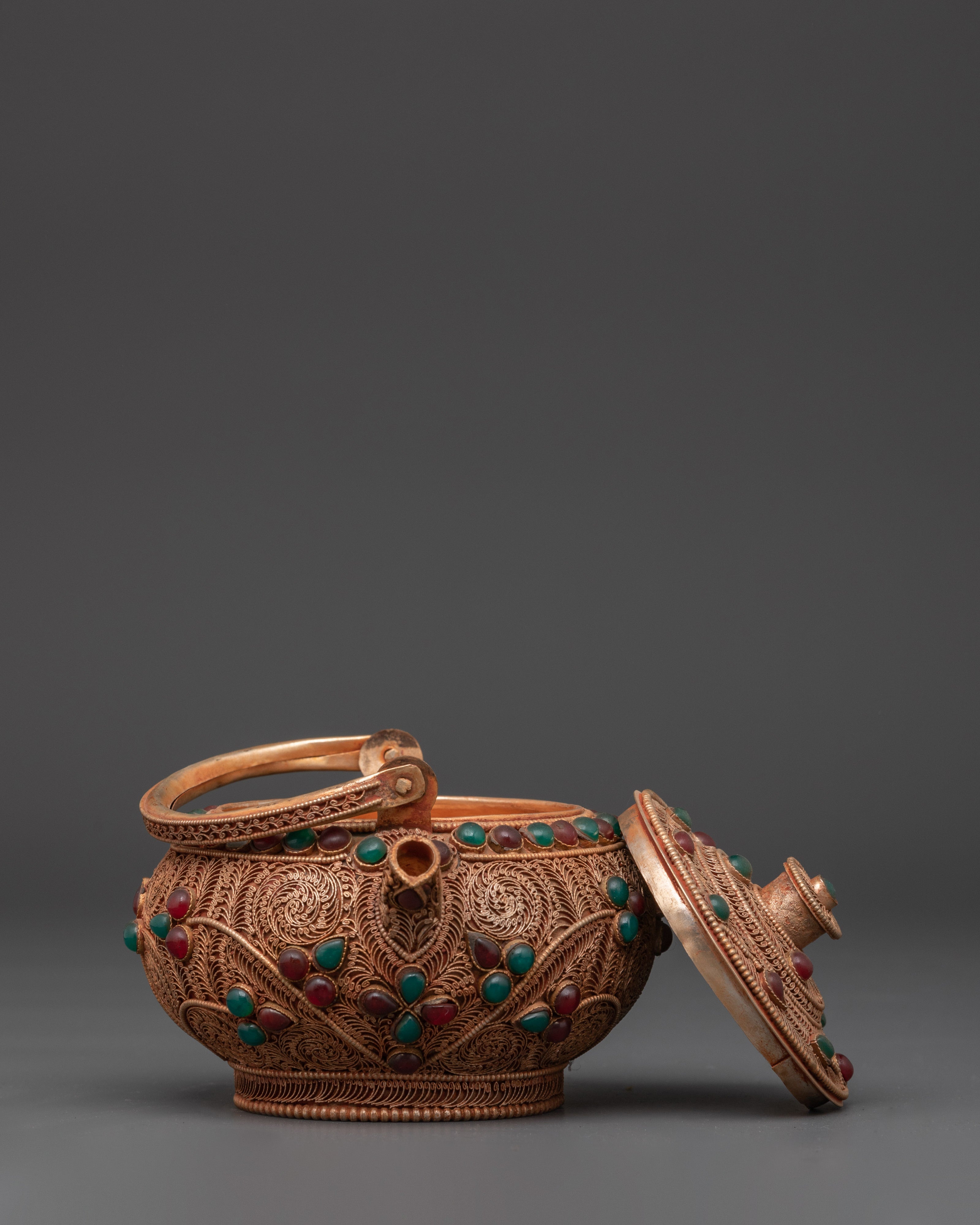 Handcrafted Tibetan Teapot | Traditional Copper & Gemstone Tea Pot