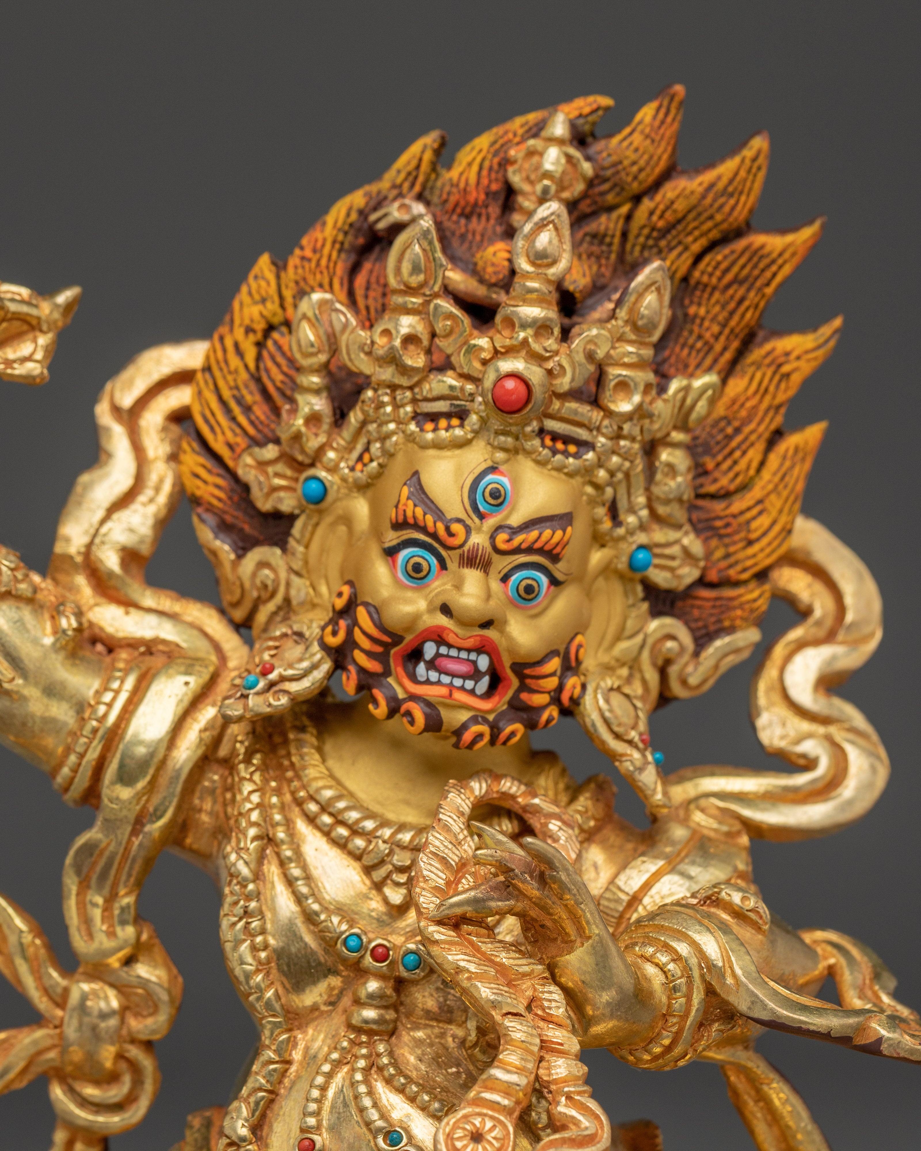 Vajrapani Deity Sculpture with Gemstone Detailing | Gold Gilded Copper Protector Statue