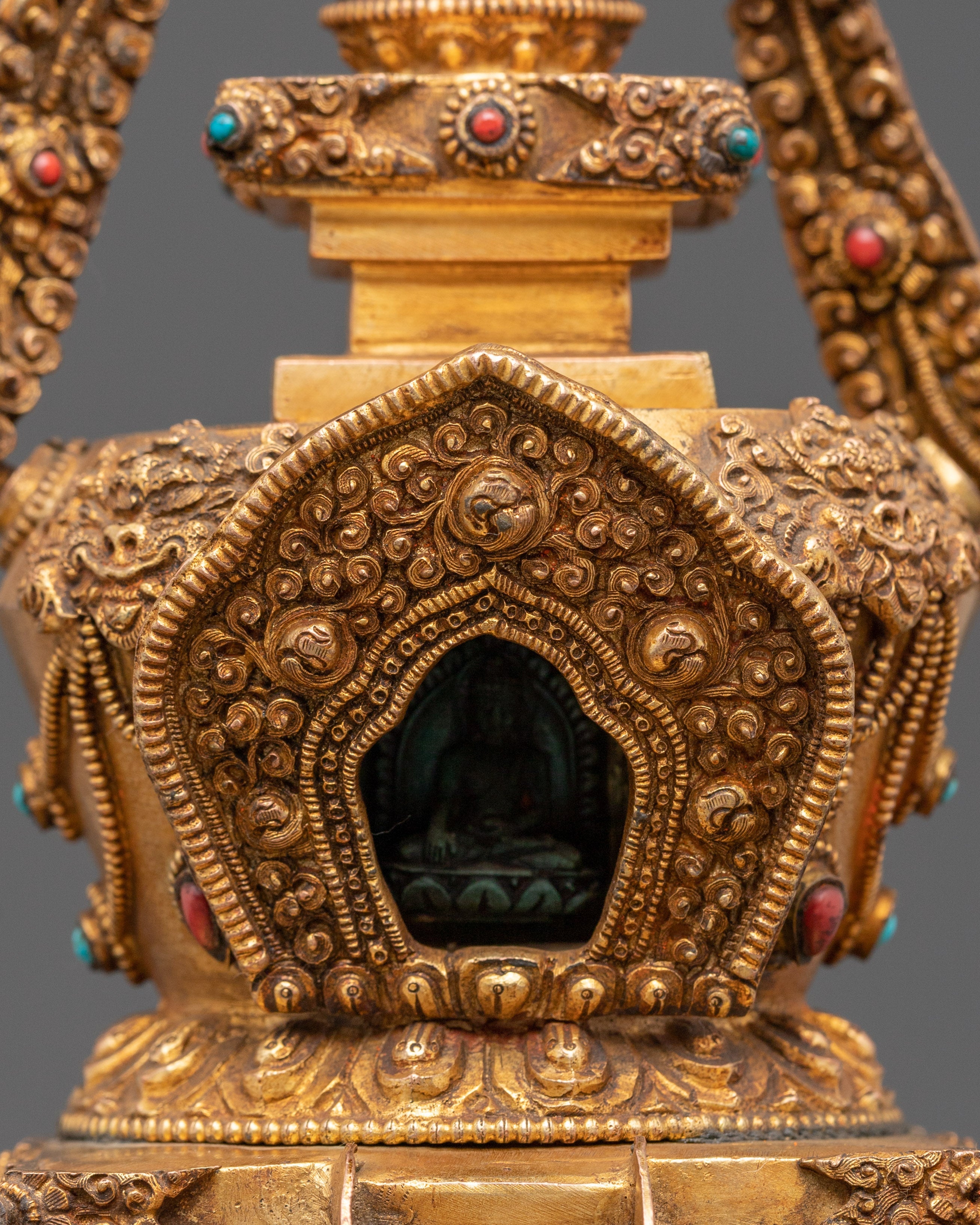Sacred Buddhist Altar Stupa | Gold Plated Tibetan Shrine Decor