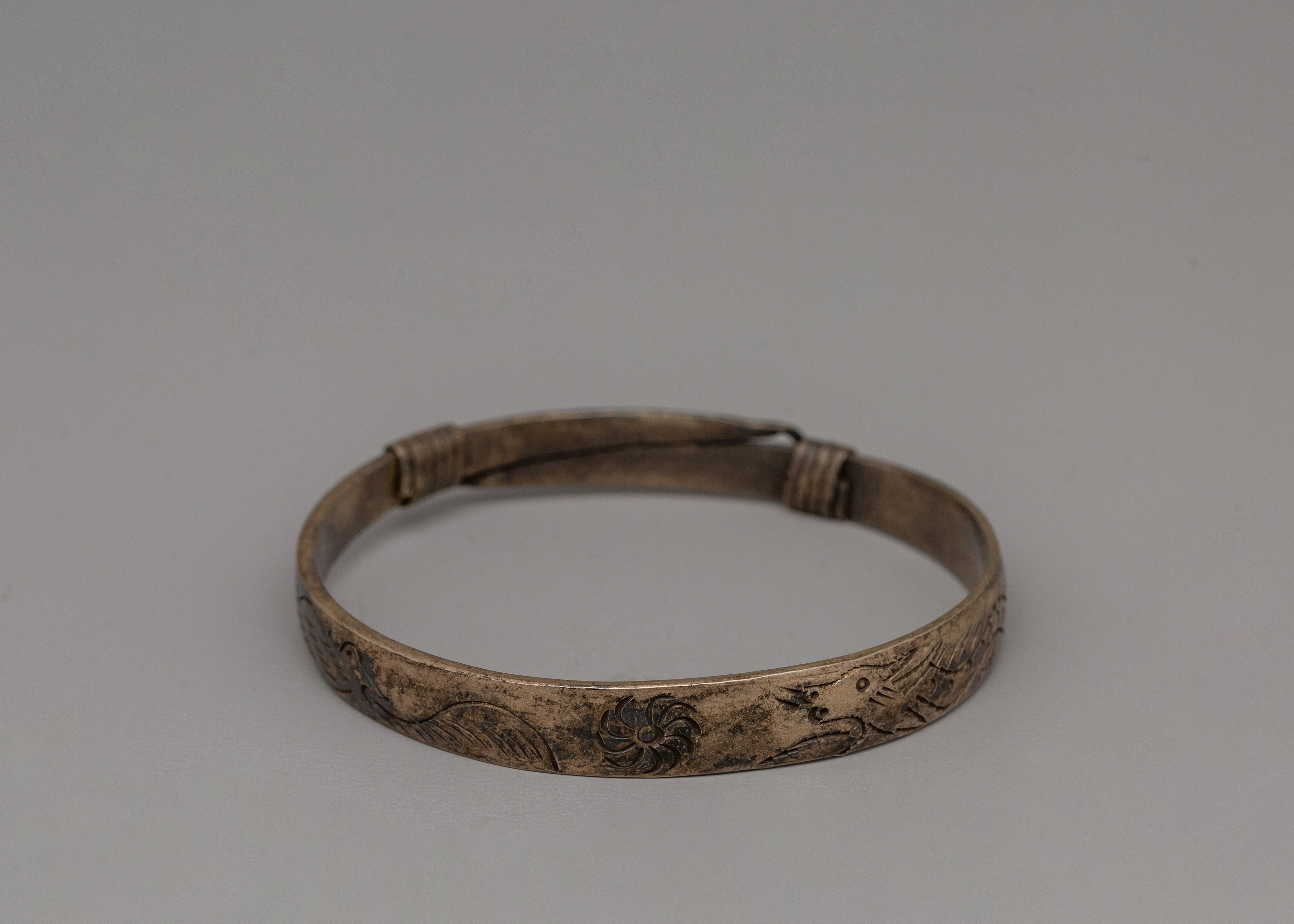 Handcrafted White Metal Bracelet | Tibetan Bangle for Spiritual Wear
