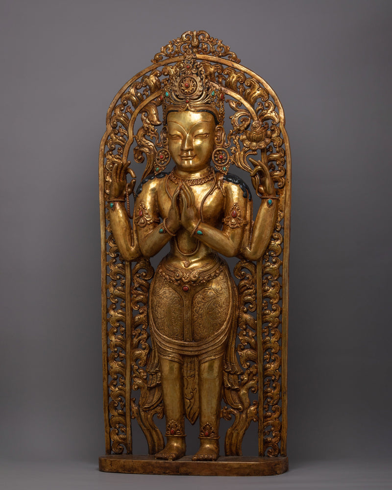 Standing 4 Arm Chenrezig Statue | Gold Plated Traditional Buddhist Statue