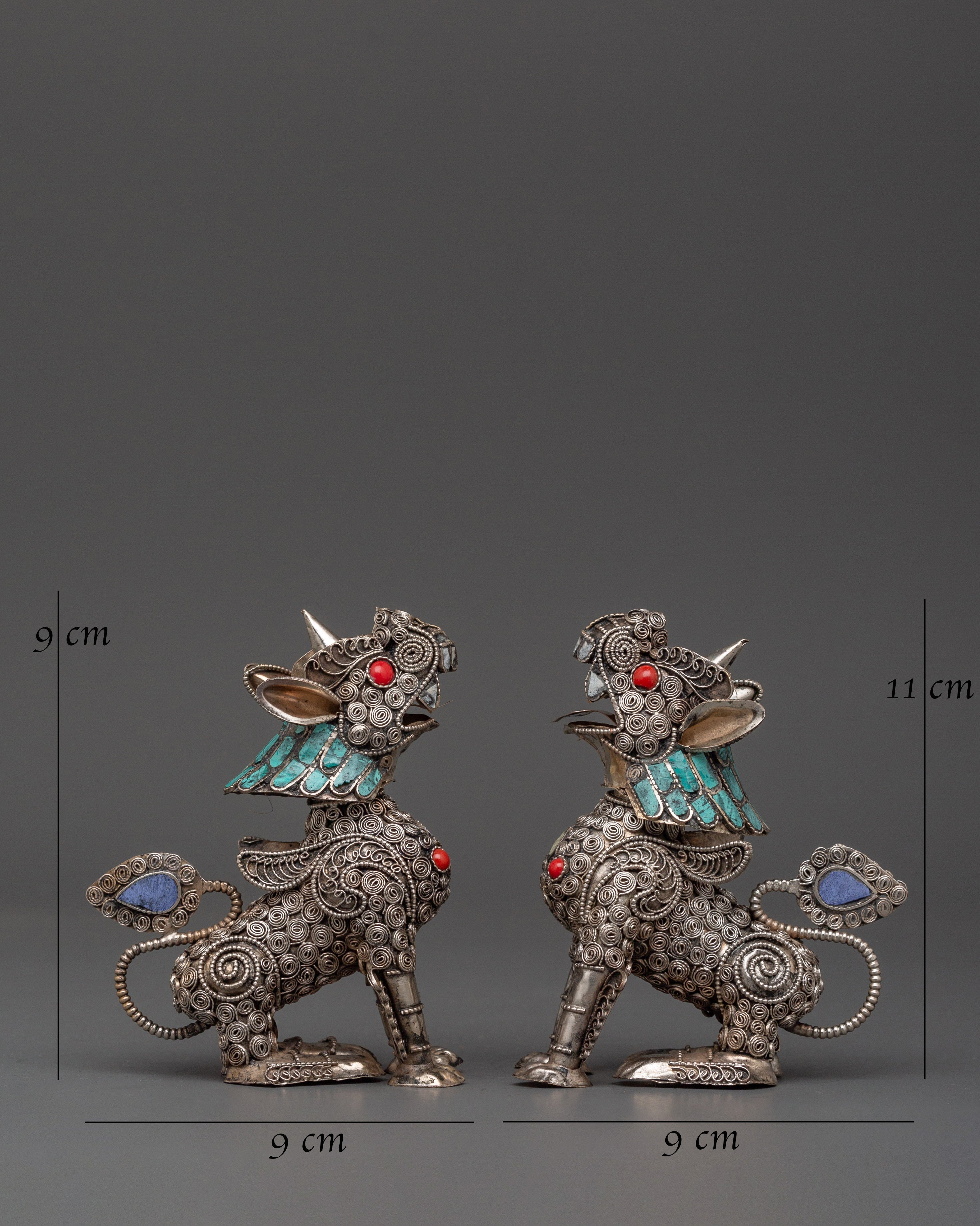 White Metal Guardian Lion Statue Set | With Coral, Turquoise & Lapis Lazuli Stones