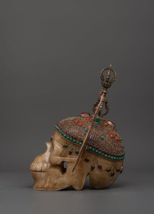 Mystic Skull Decor Copper Body with Silver Plating | Inlaid Coral, Turquoise & Crystal