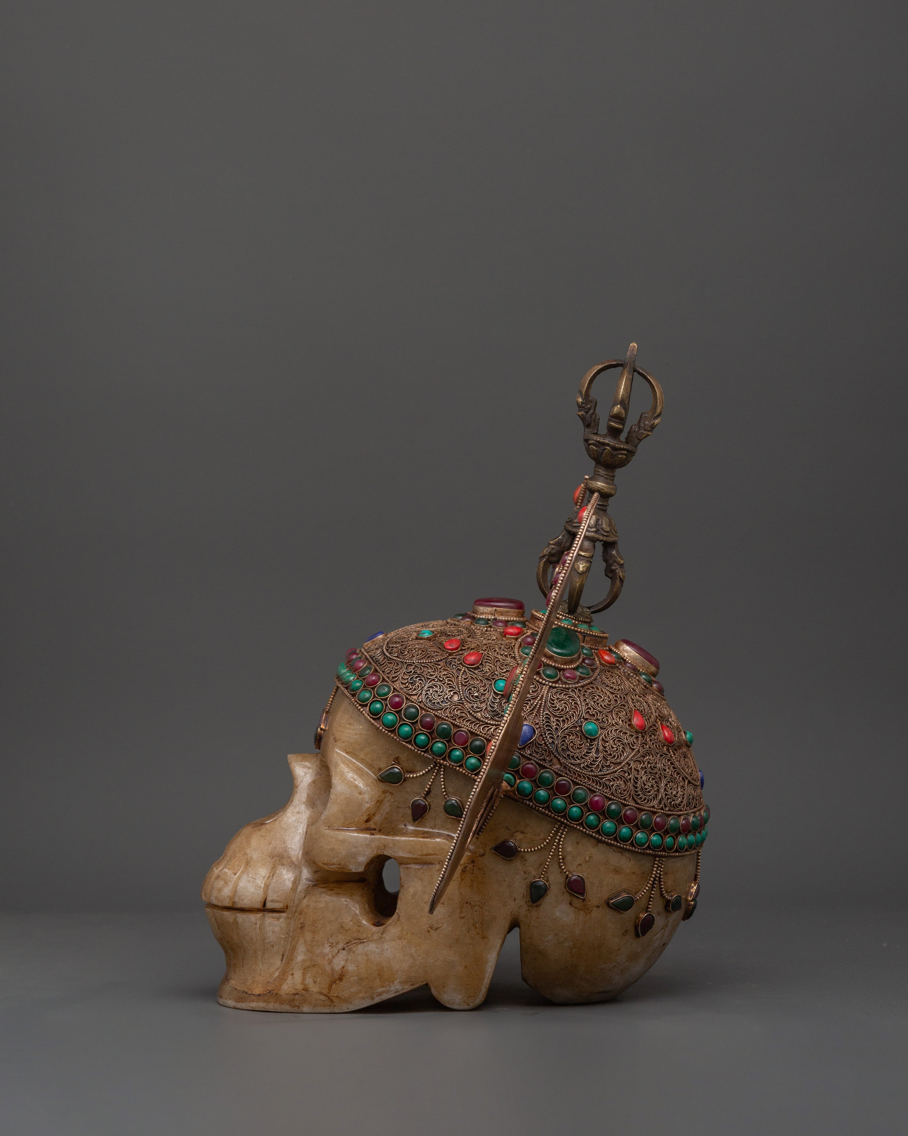 Mystic Skull Decor Copper Body with Silver Plating | Inlaid Coral, Turquoise & Crystal