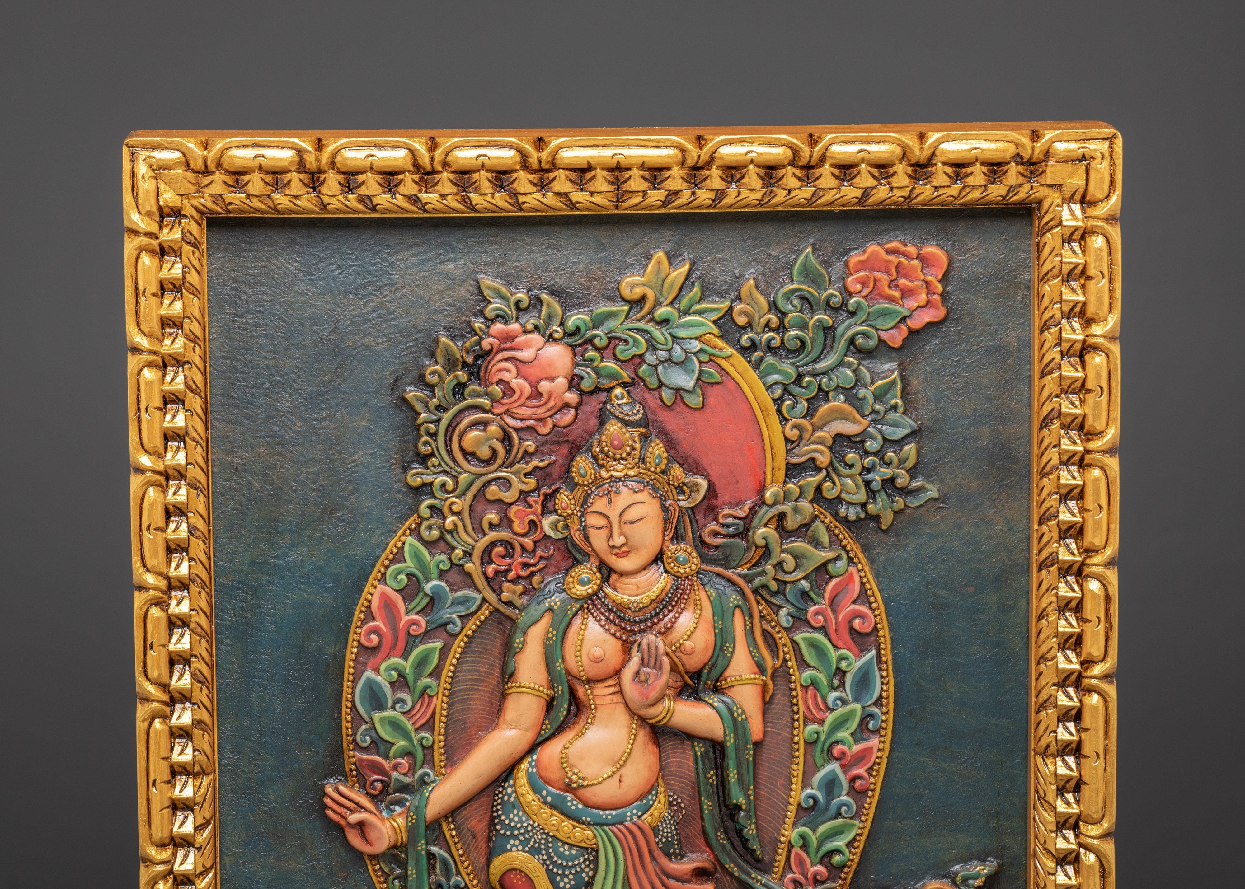 Tara Goddess Wall Hanging Relief Art | Handcrafted Tibetan Wooden Frame Decor