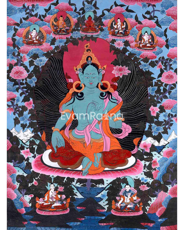 30+ Year Big Size Green Tara Thangka Surrounded By Boddhisattvas