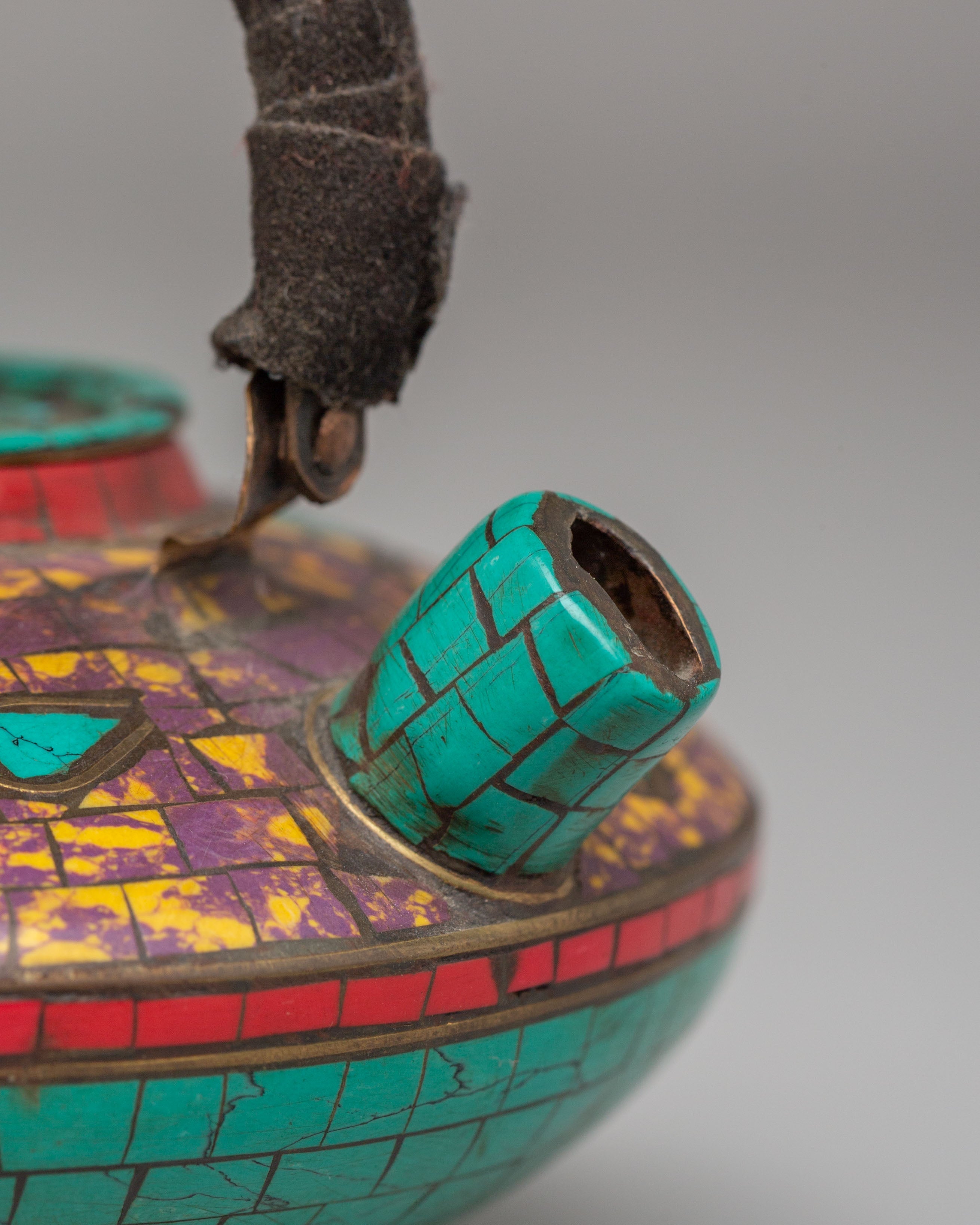 Handmade Buddhist Tea Pot | Copper with Coral, Lapis & Turquoise Stones