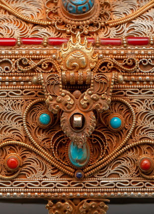 Gold-Plated Copper Tibetan Treasure Box | Coral & Turquoise Stones Inlaid Handcrafted Box