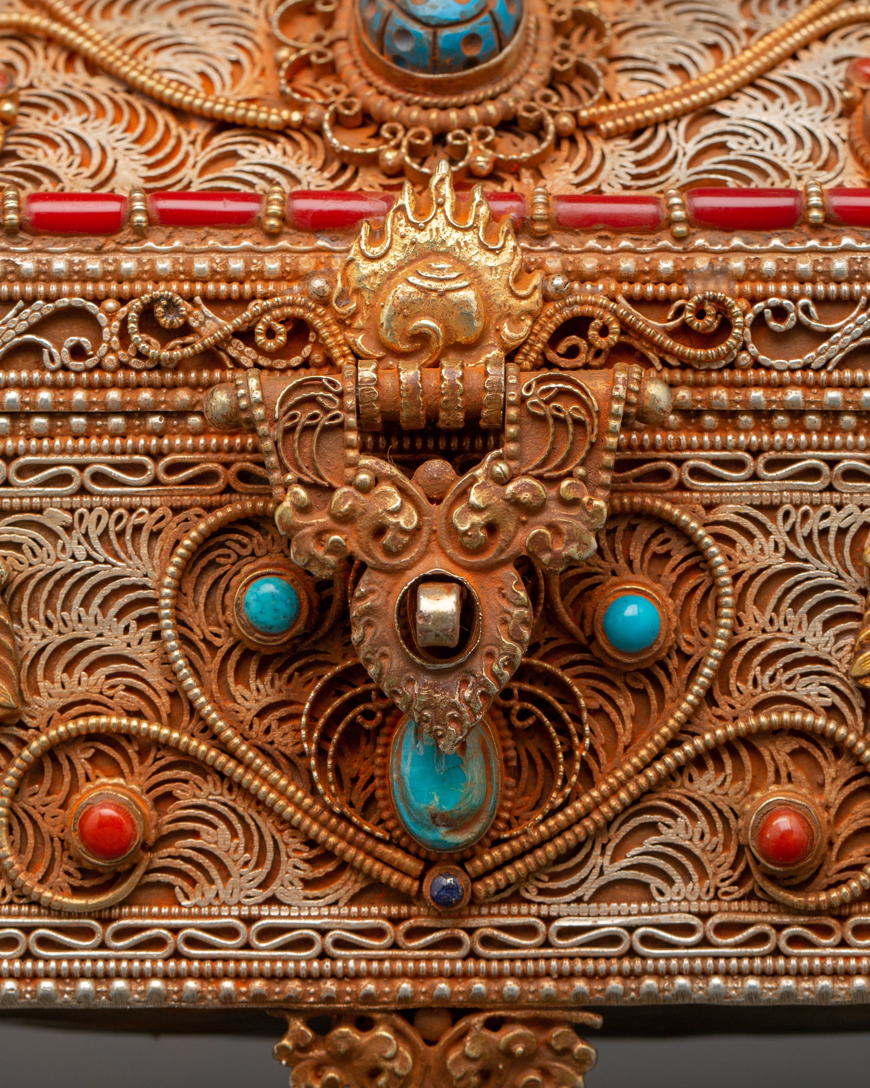 Gold-Plated Copper Tibetan Treasure Box | Coral & Turquoise Stones Inlaid Handcrafted Box
