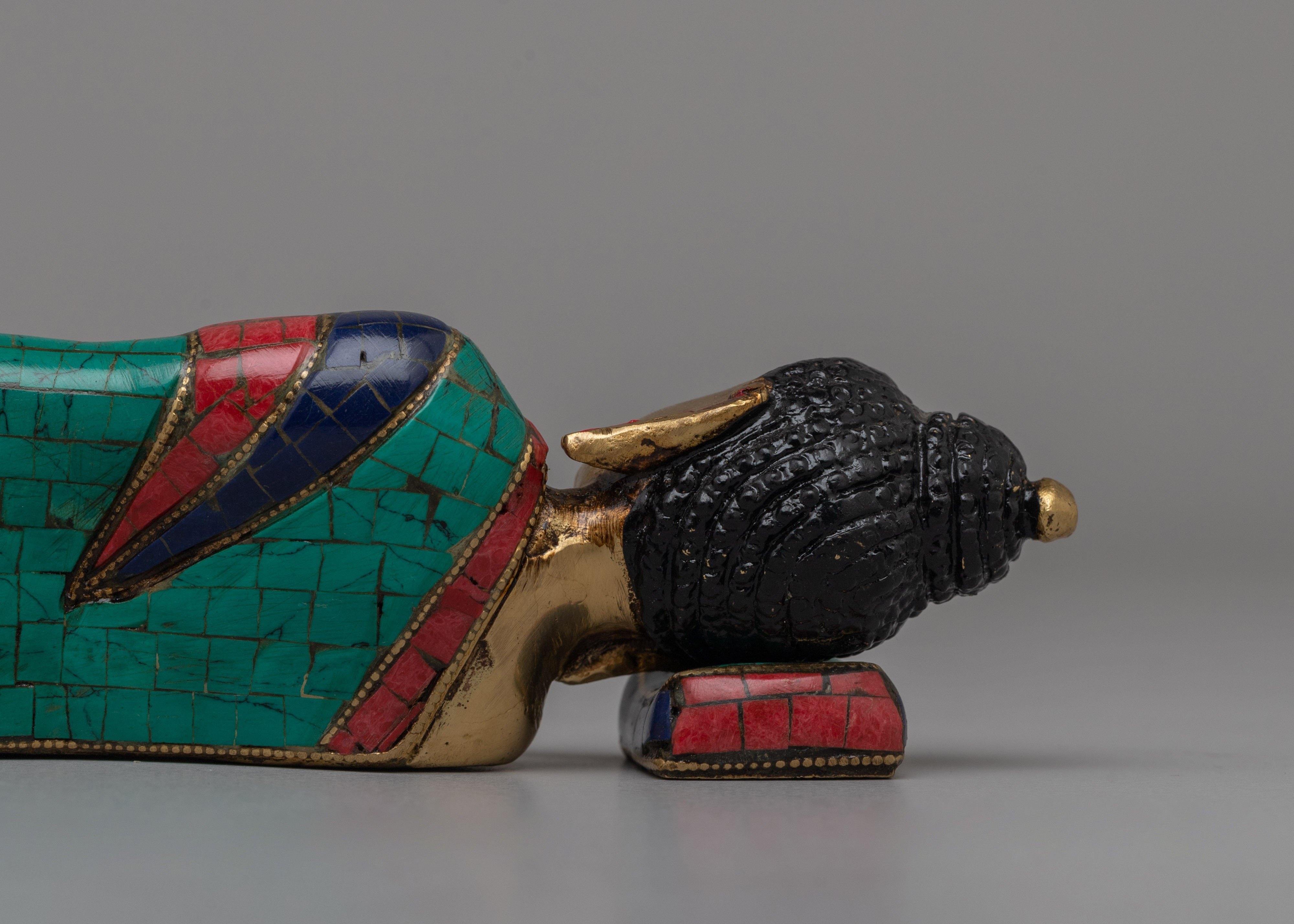 Brass Sleeping Buddha Statue | Symbolic Sleeping Buddha with Coral and Turquoise Inlay