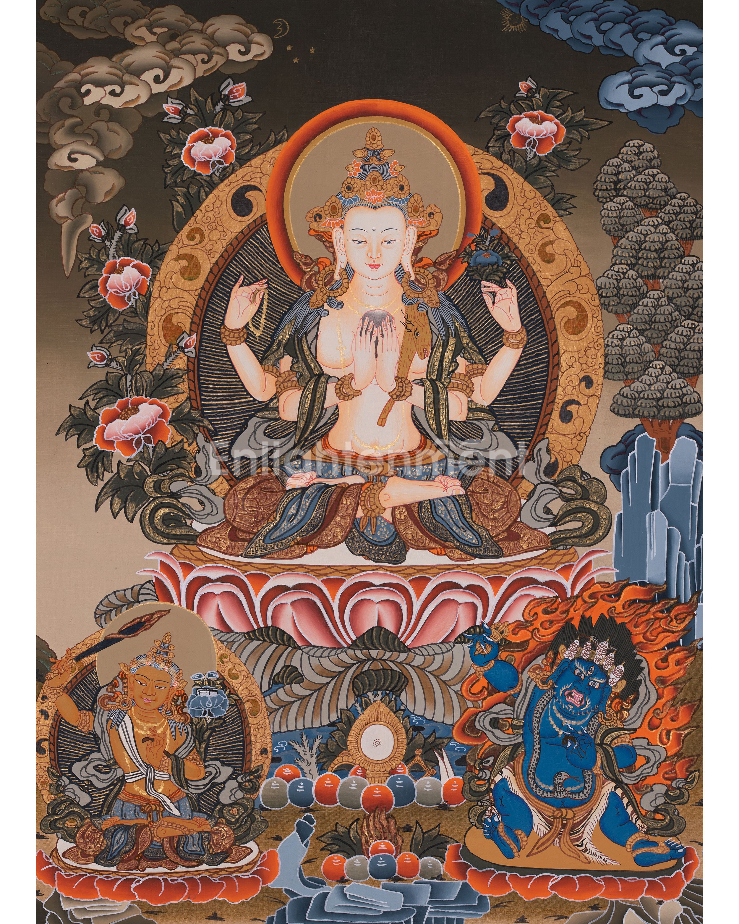 Original Hand-Painted Chenrezig Tibetan Thangka | Avalokiteshvara Painting