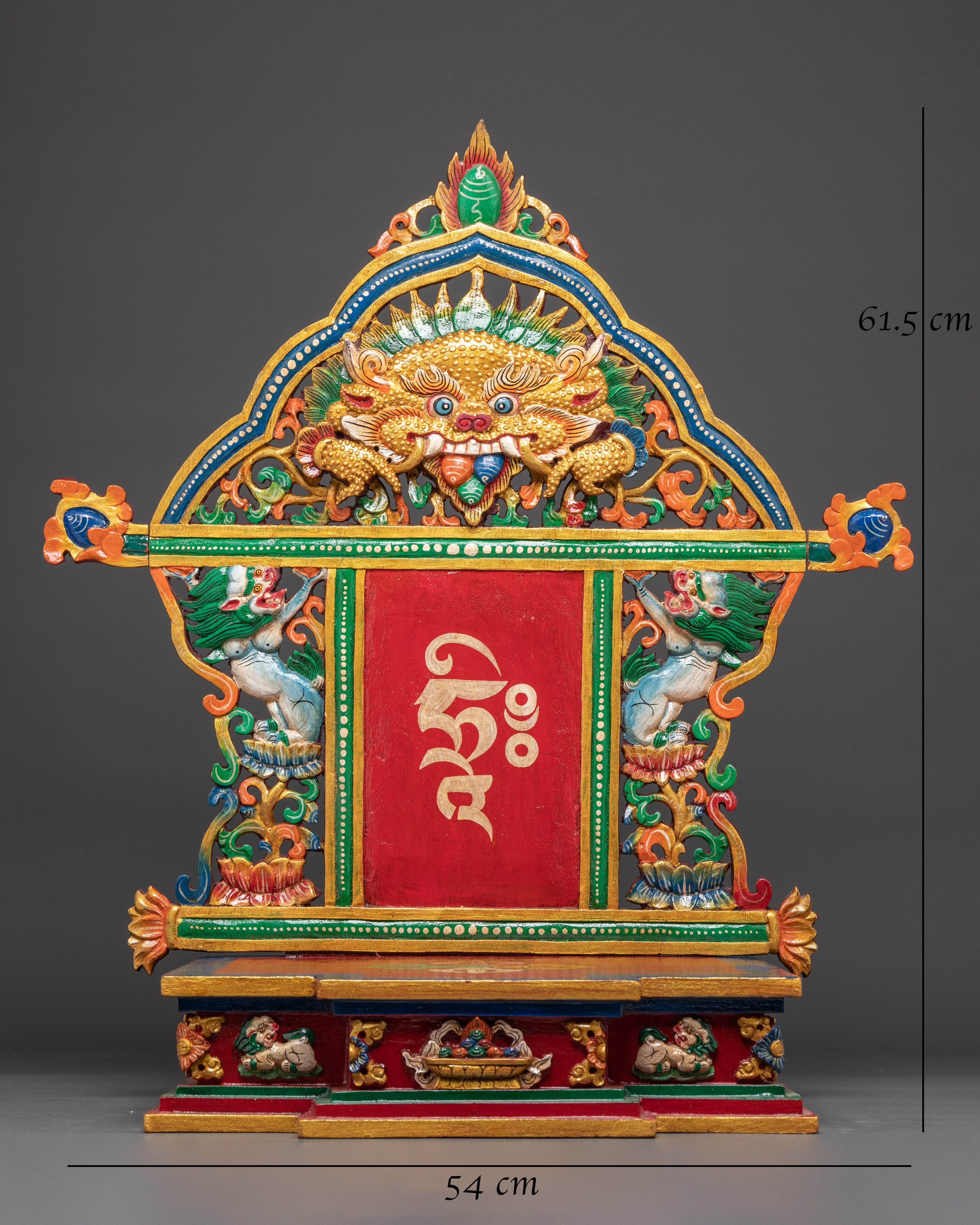 Spiritual Altar Throne with Tibetan Script | Handcrafted Buddhist Wooden Shrine