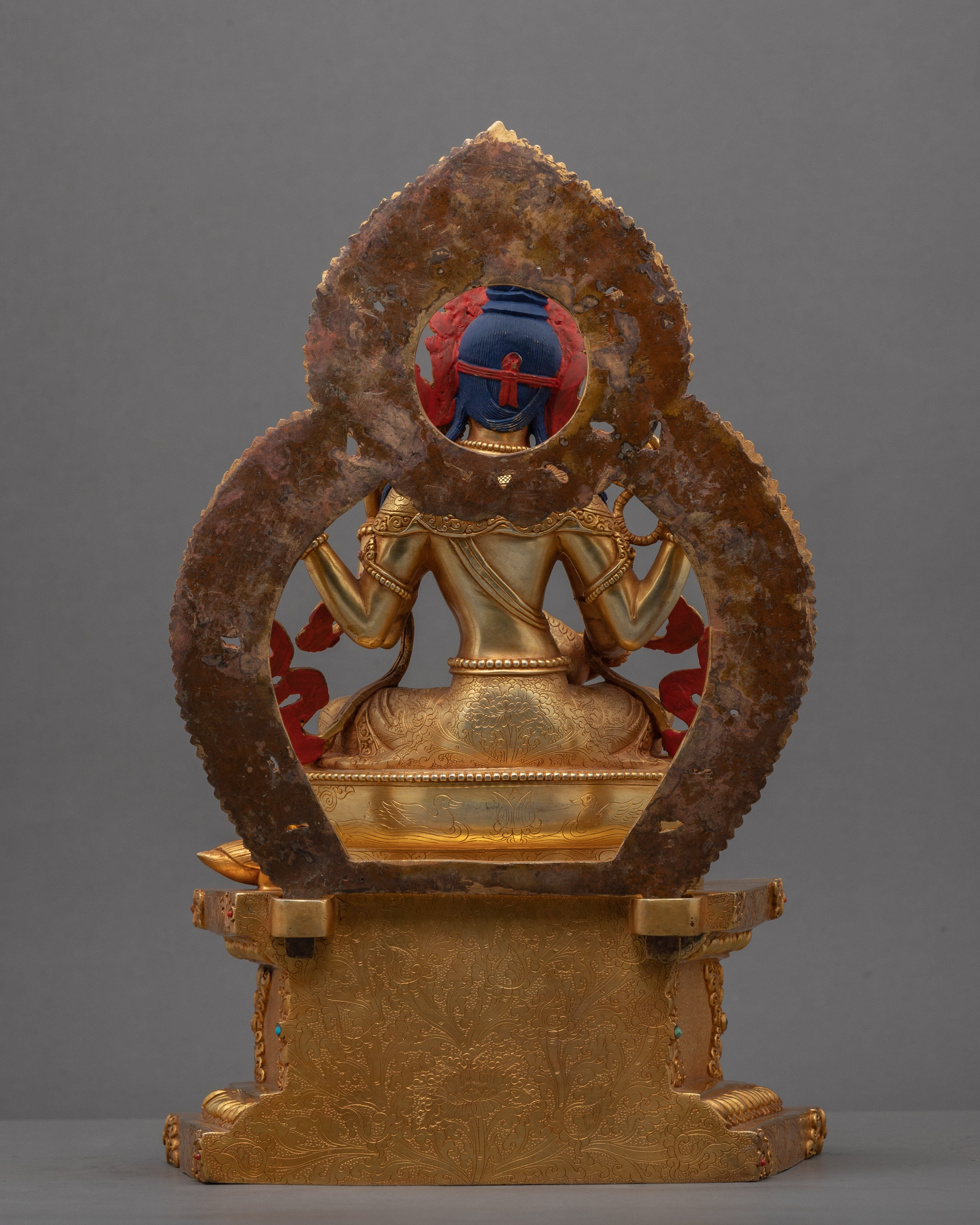 Gold-Gilded Statue For Saraswati Prayer | Buddha Dakini Seated On Throne Sculpture