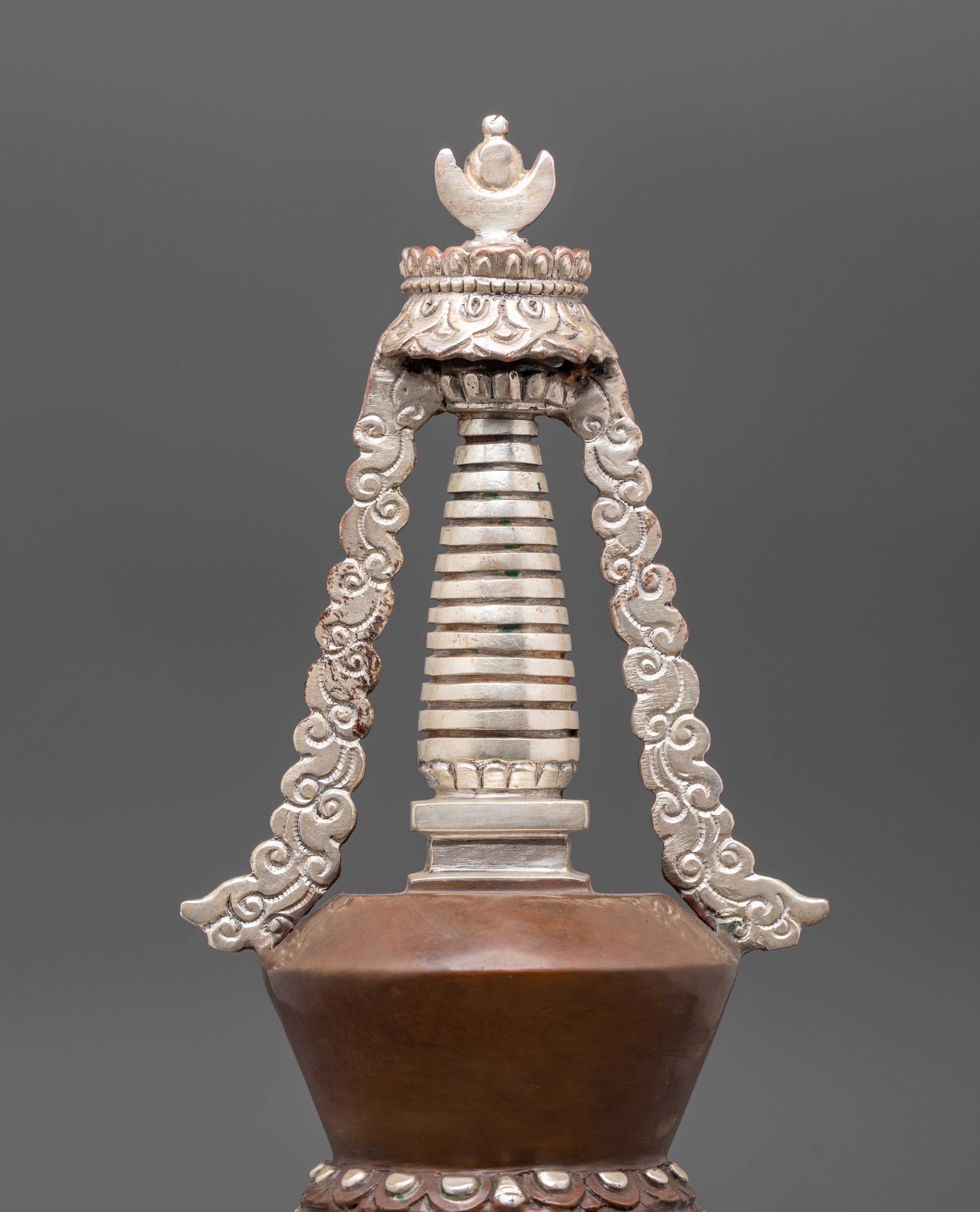Buddhist Meditation Stupa | Silver Plated Oxidized Copper Altar Decor