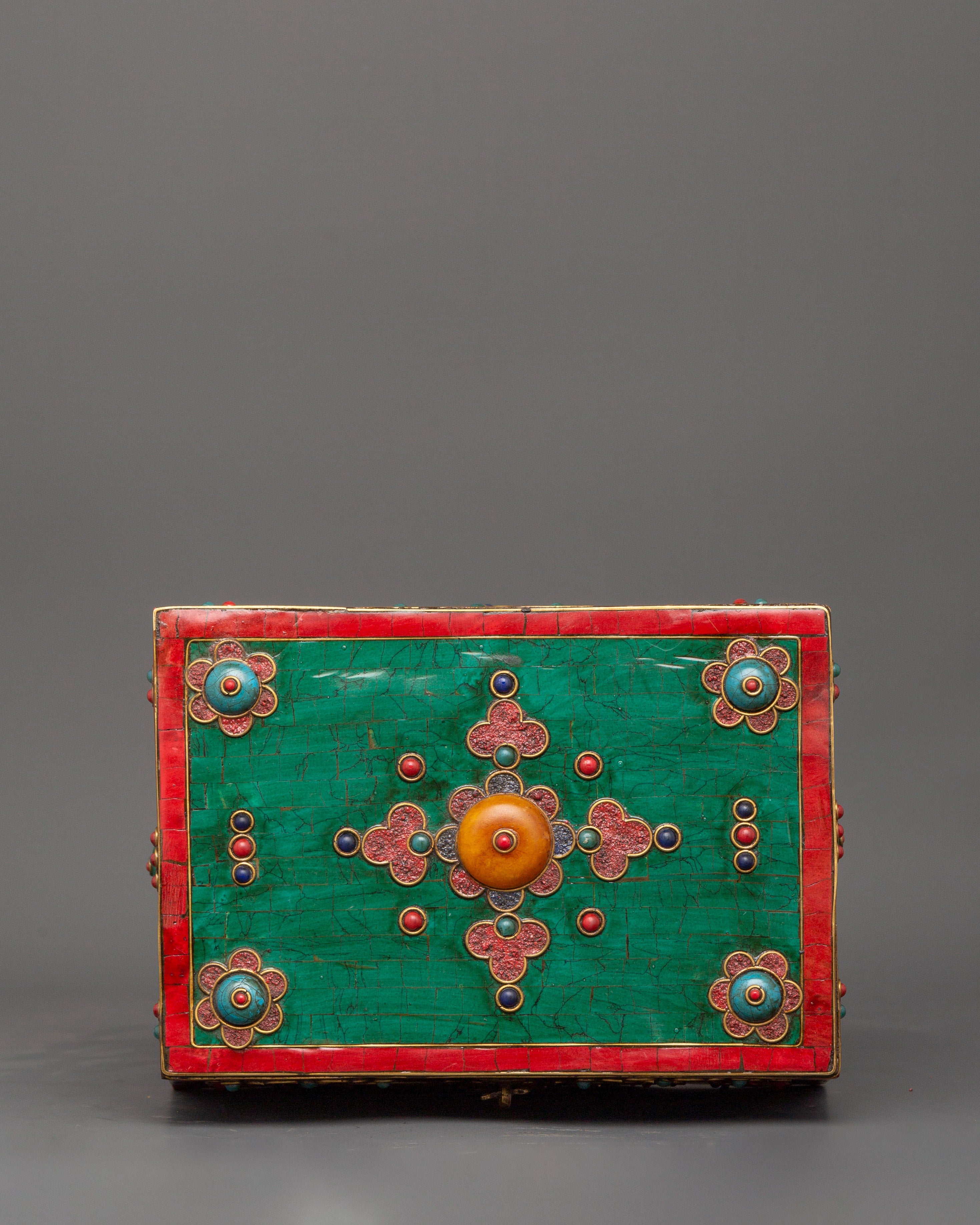Hand-Painted Tibetan Wooden Box with Brass | Jewelry or Ritual Box