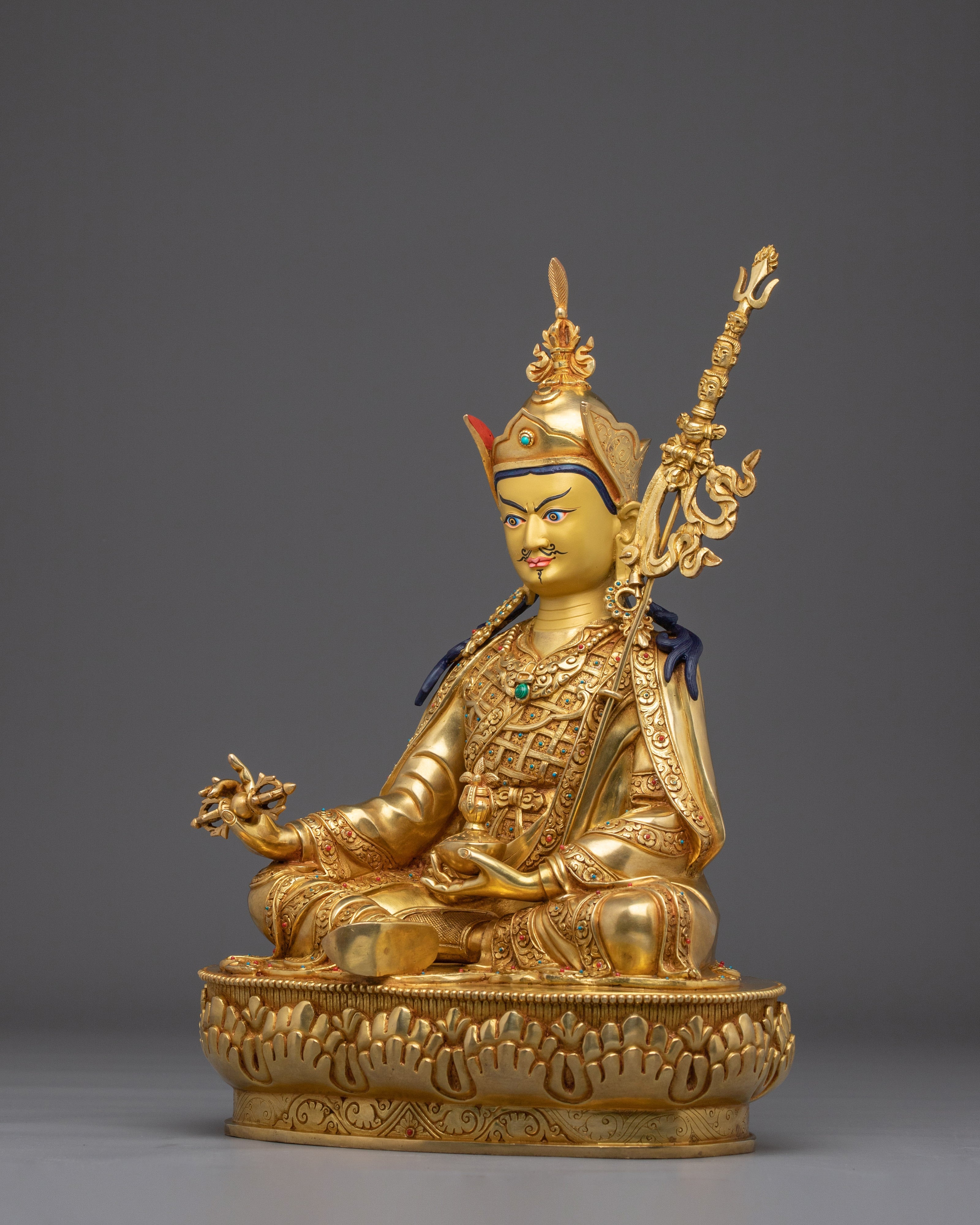 Golden Guru Rinpoche Statue Crafted with Copper | Tibetan Master Sculpture