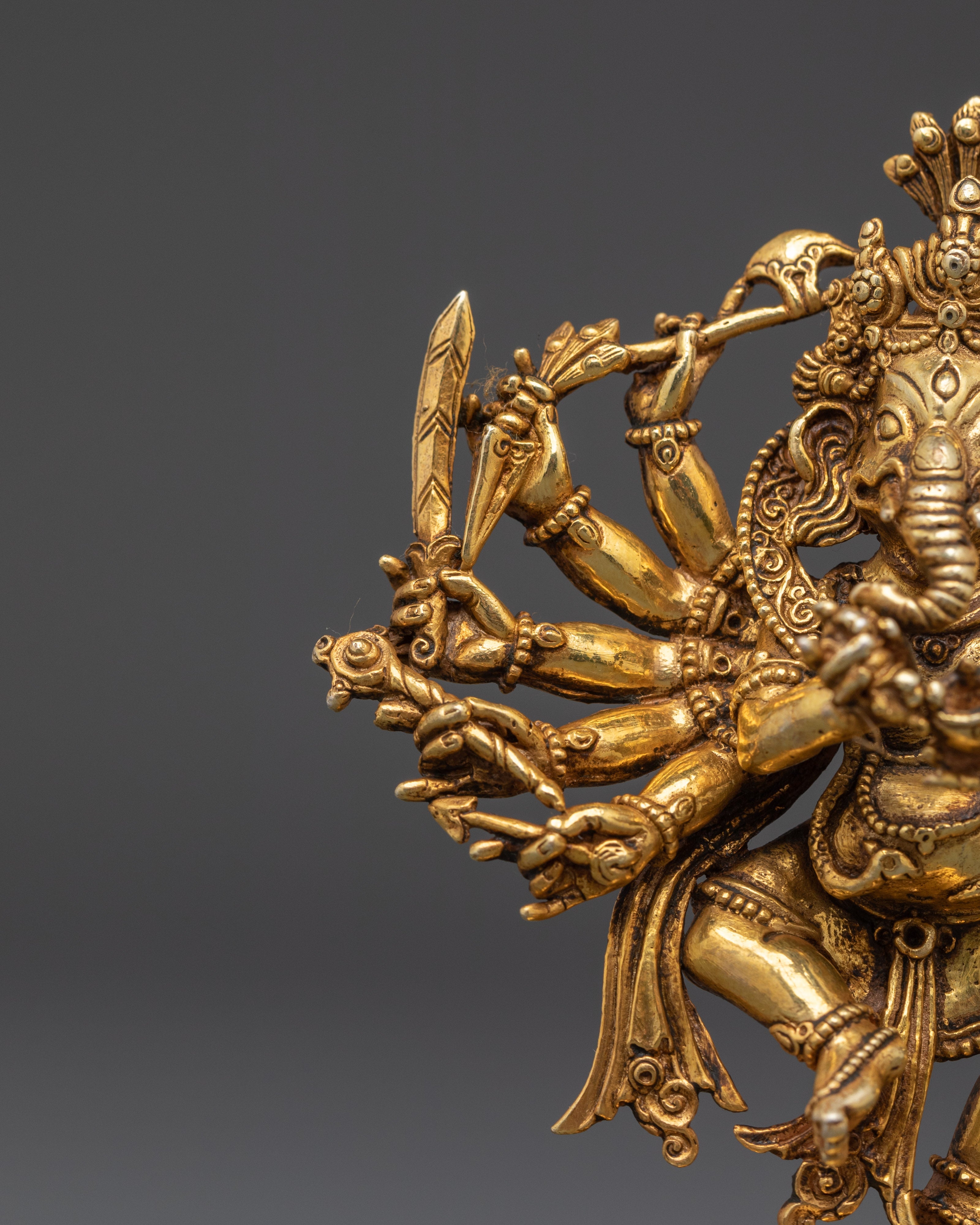 12-Armed Ganesh Gold-Plated Copper Statue | Hindu Deity of Power & Protection