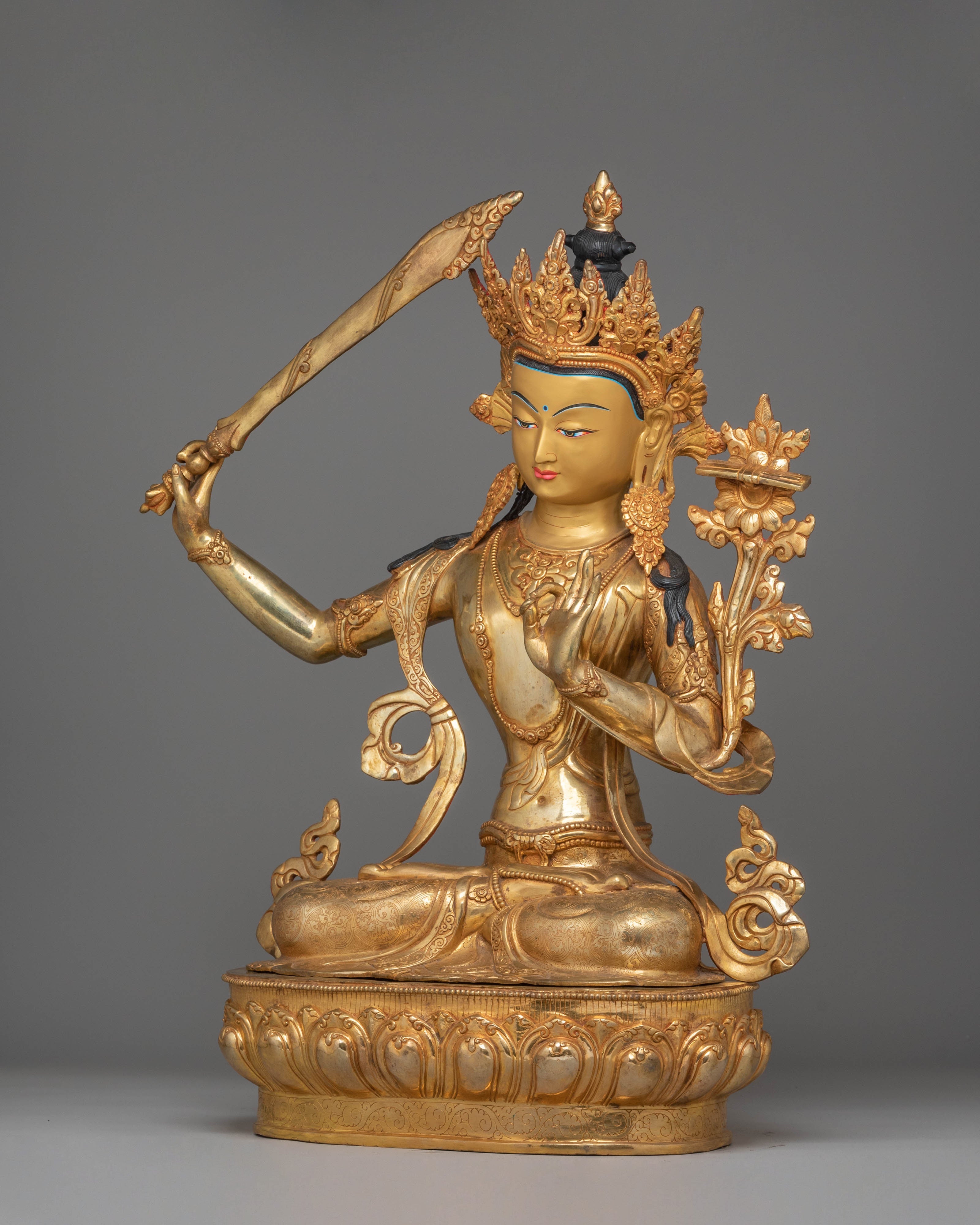 Handmade Spiritual Manjushri Statue | Gold-Plated Copper with Acrylic Color