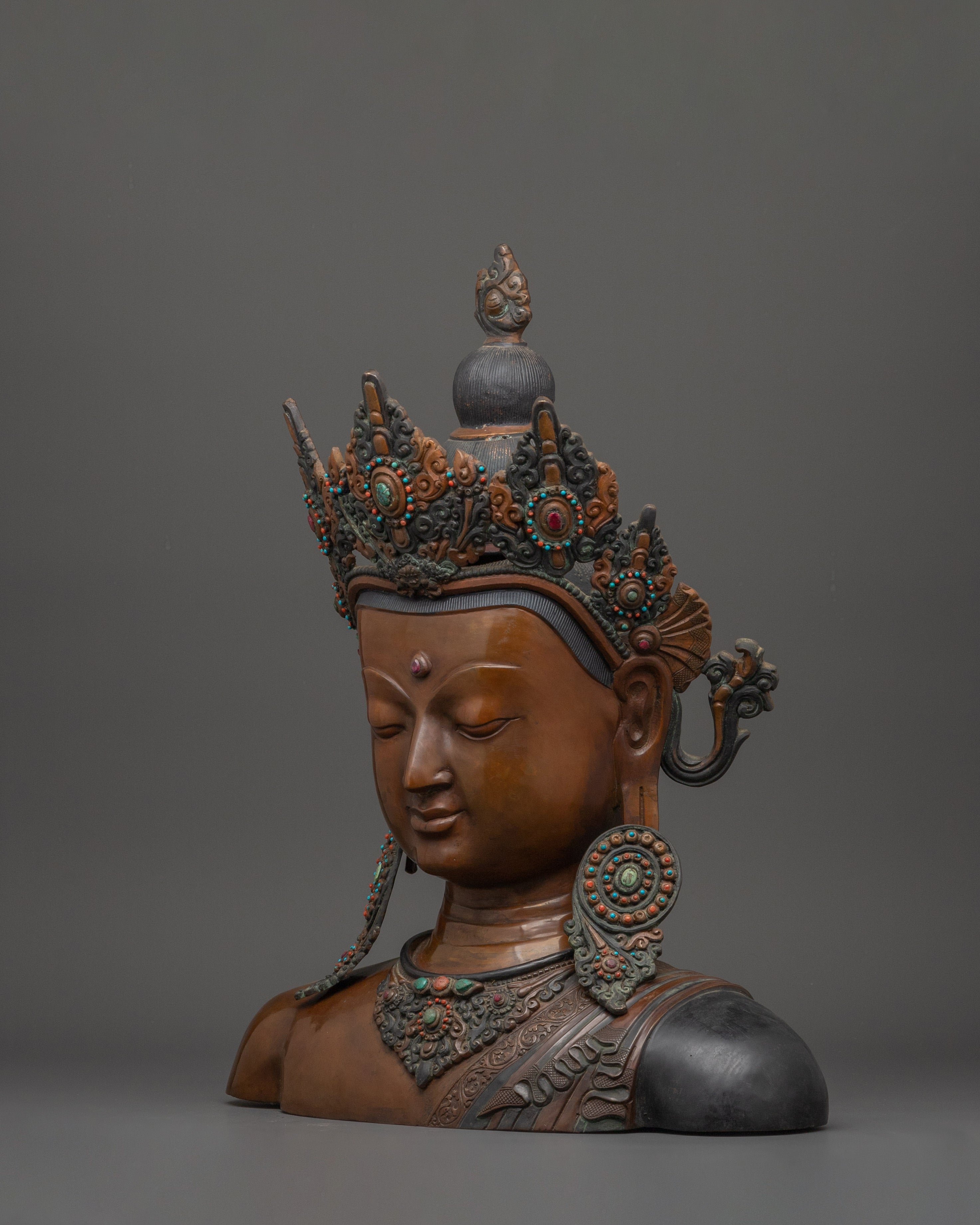 Crowned Buddha Head Sculpture | Oxidized Copper Bust with Coral Inlay
