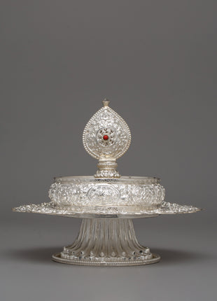 Handcrafted Silver Ritual Item Mandala Offering Set | 17.5cm Rice Offering Set
