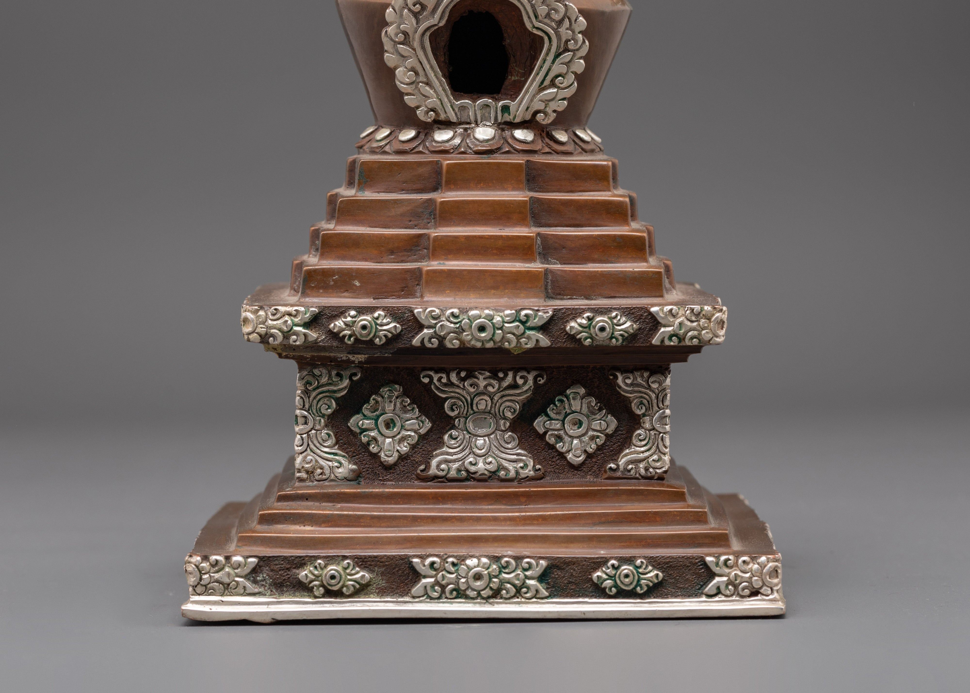 Handcrafted Himalayan Stupa Figurine | Silver Plated Buddhist Altar