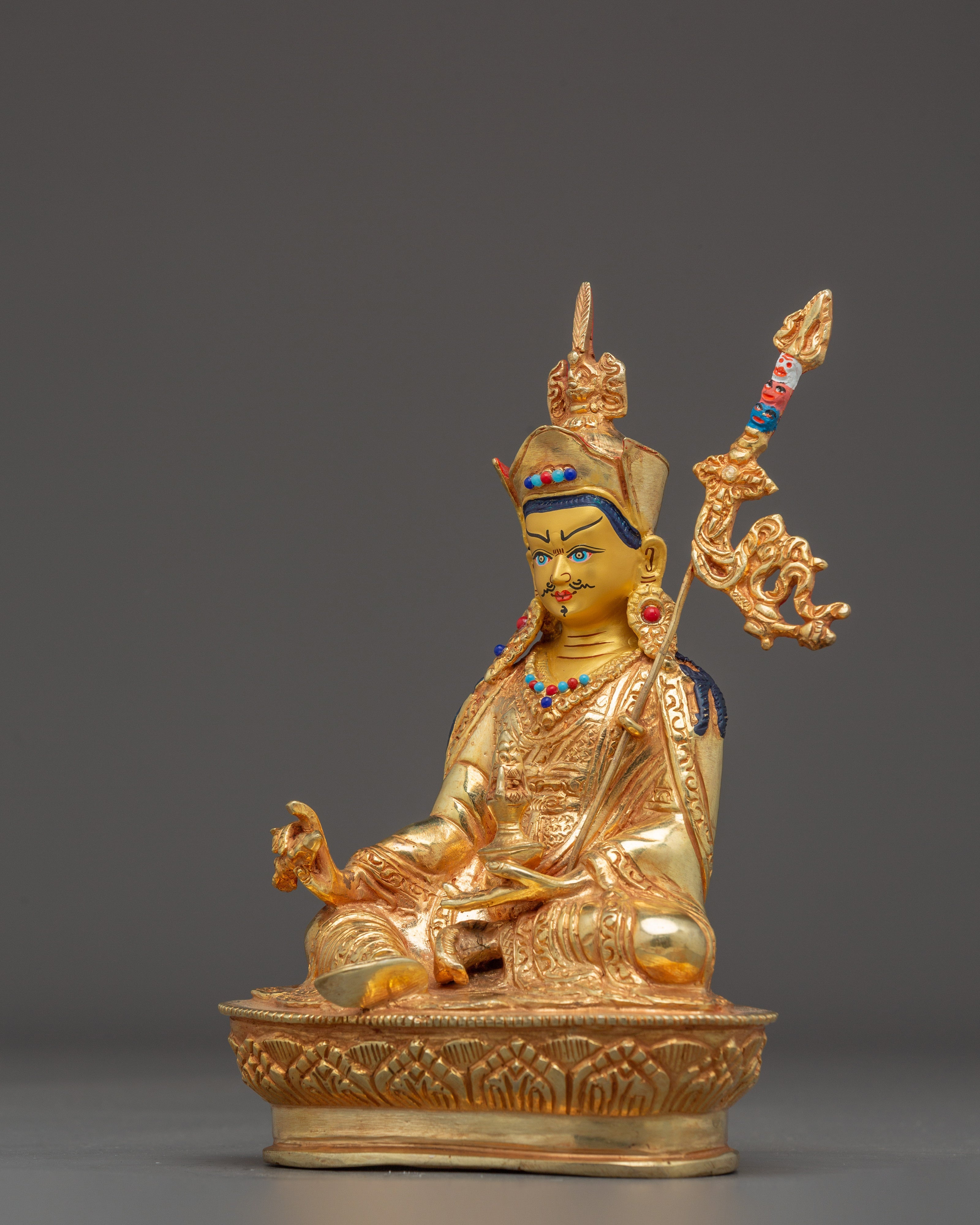 Sacred Padmasambhava Statue | Gold Plated Copper Buddha Sculpture with Coral & Turquoise