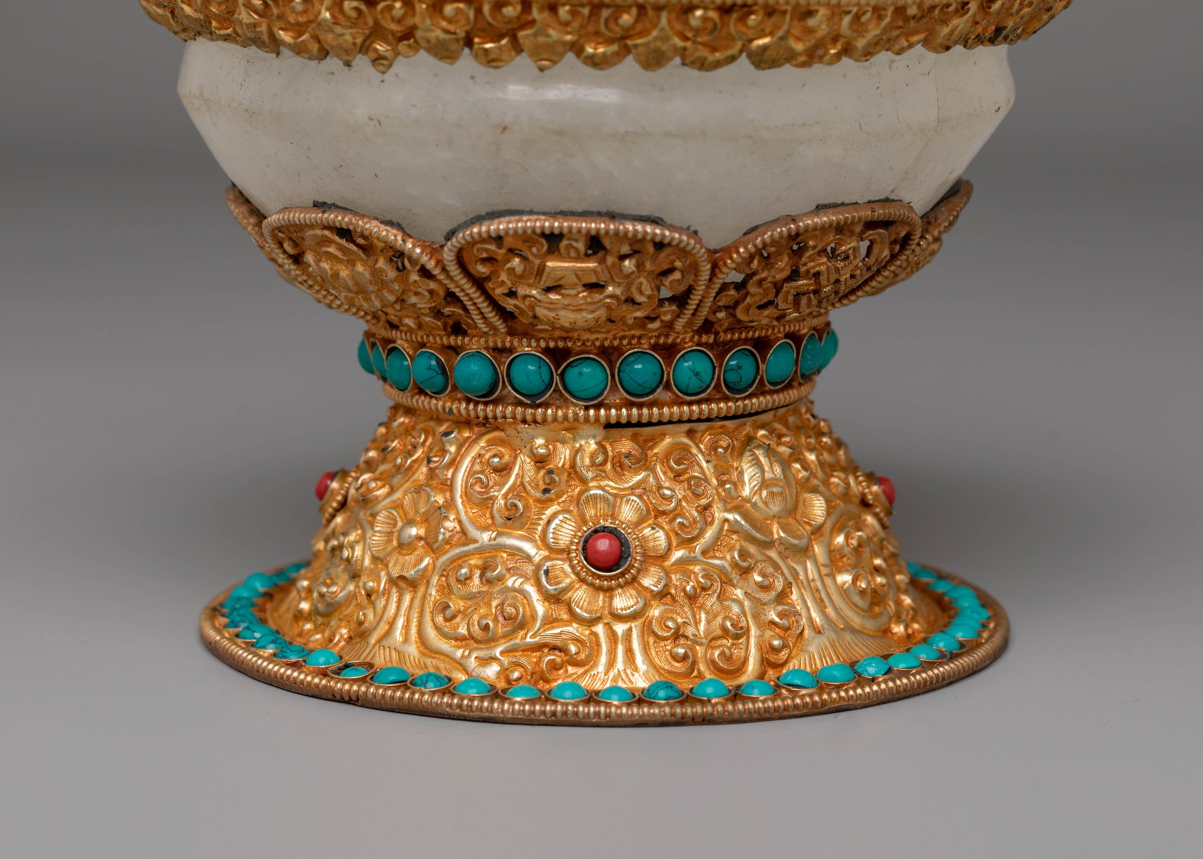 Spiritual Buddhist Rice Pot | Electro Gold-Plated Copper with Coral & Turquoise