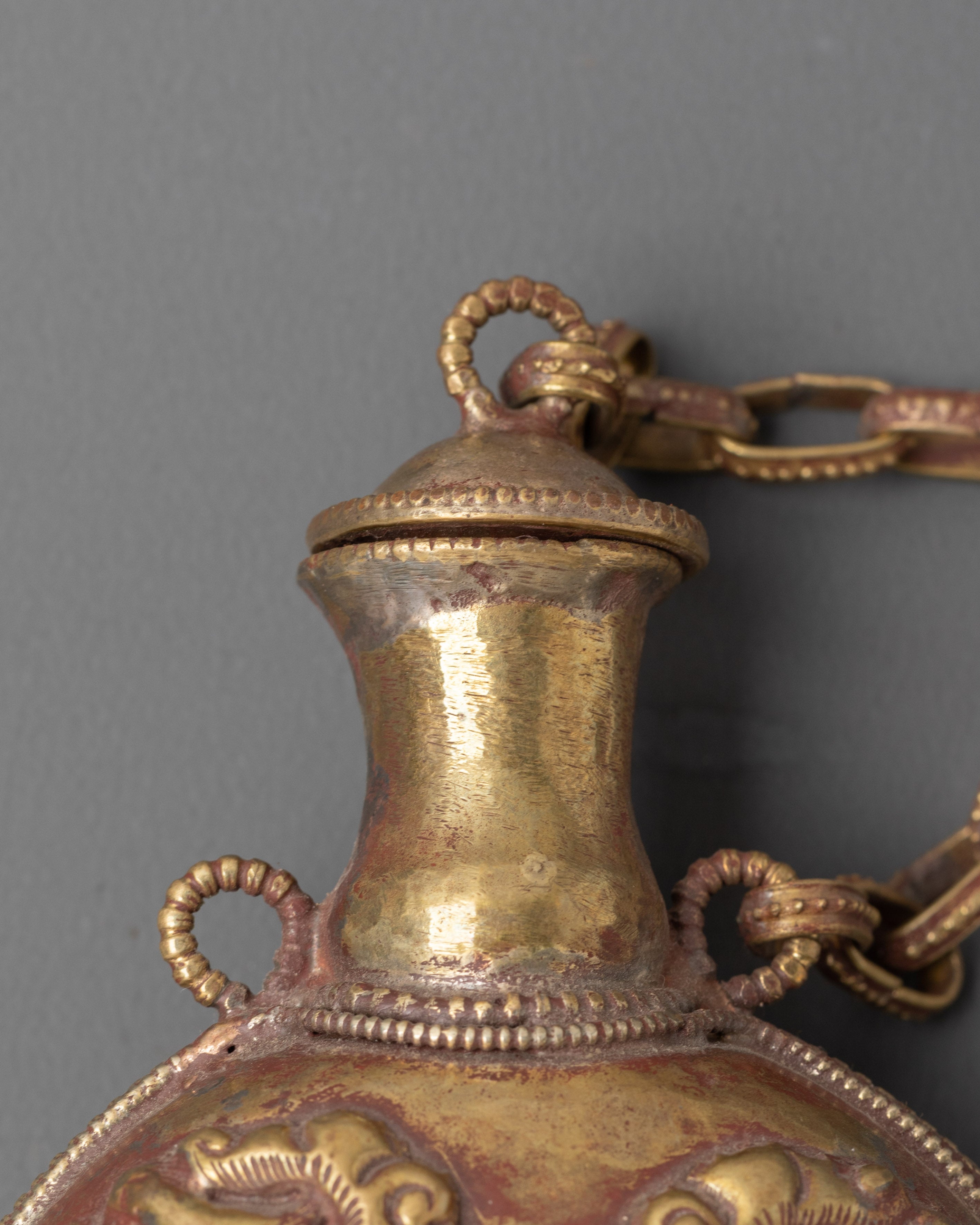 Himalayan Ritual Snuff Container | Brass Copper Snuff Bottle with Coral Inlay