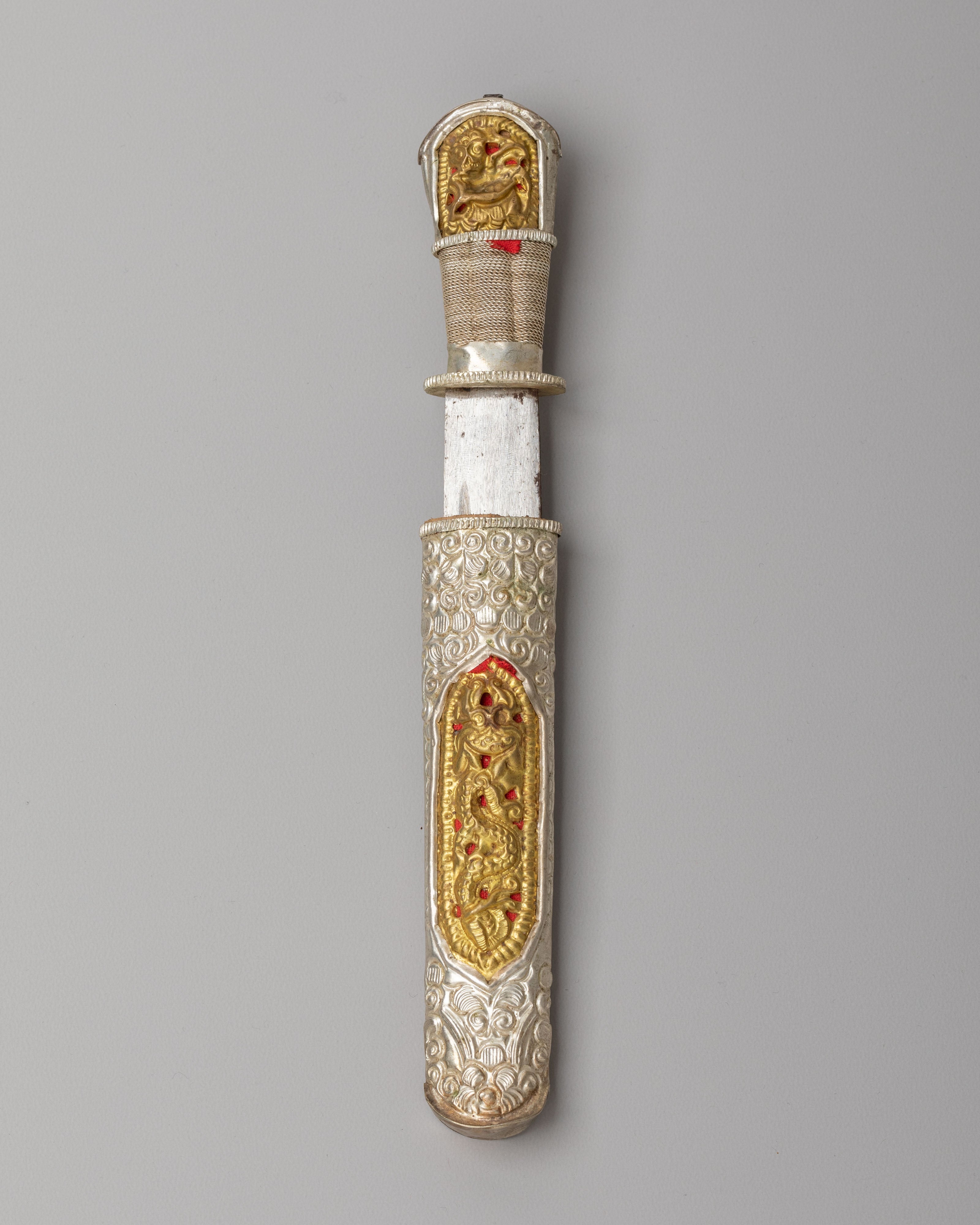 Buddhist Ceremonial Ritual Knife | Silver and Gold Plated Himalayan Ritual Object