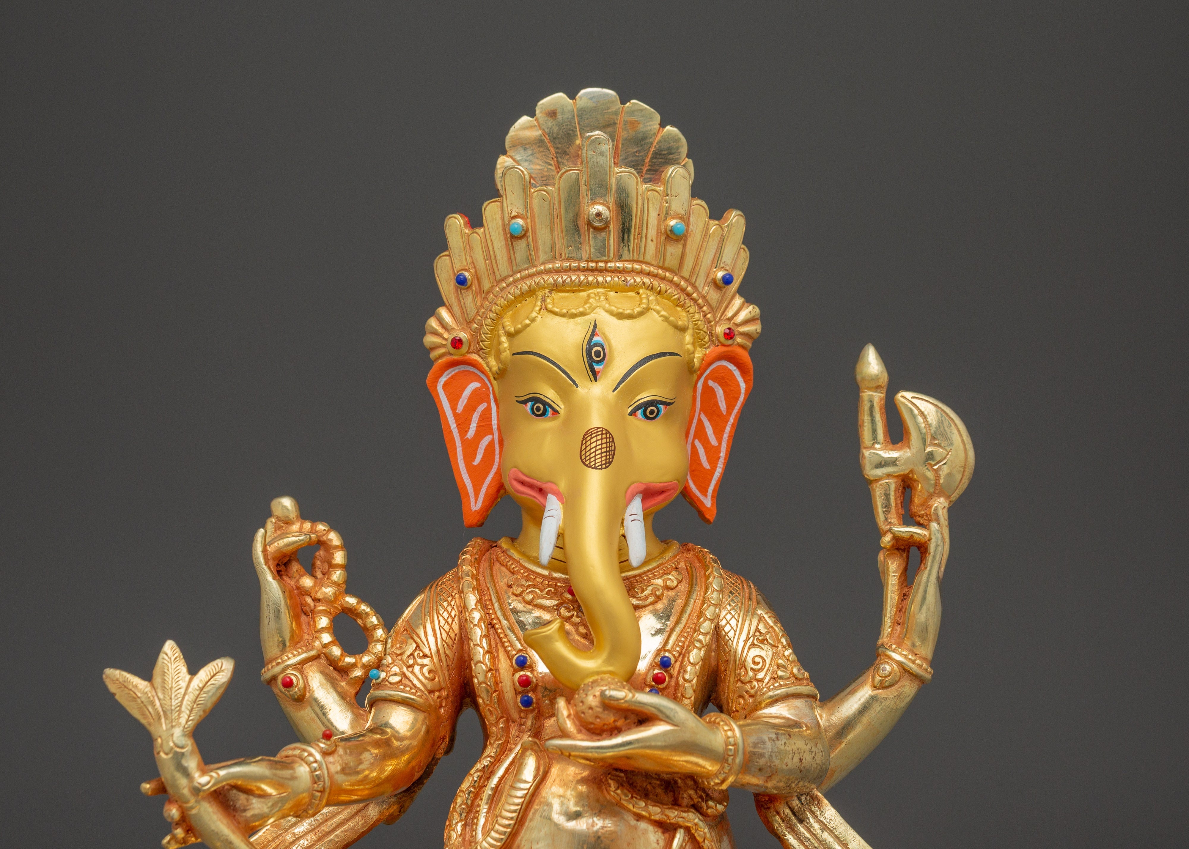 Handmade Gold-Plated Ganesha Sculpture | Copper Body with Coral & Turquoise Stones