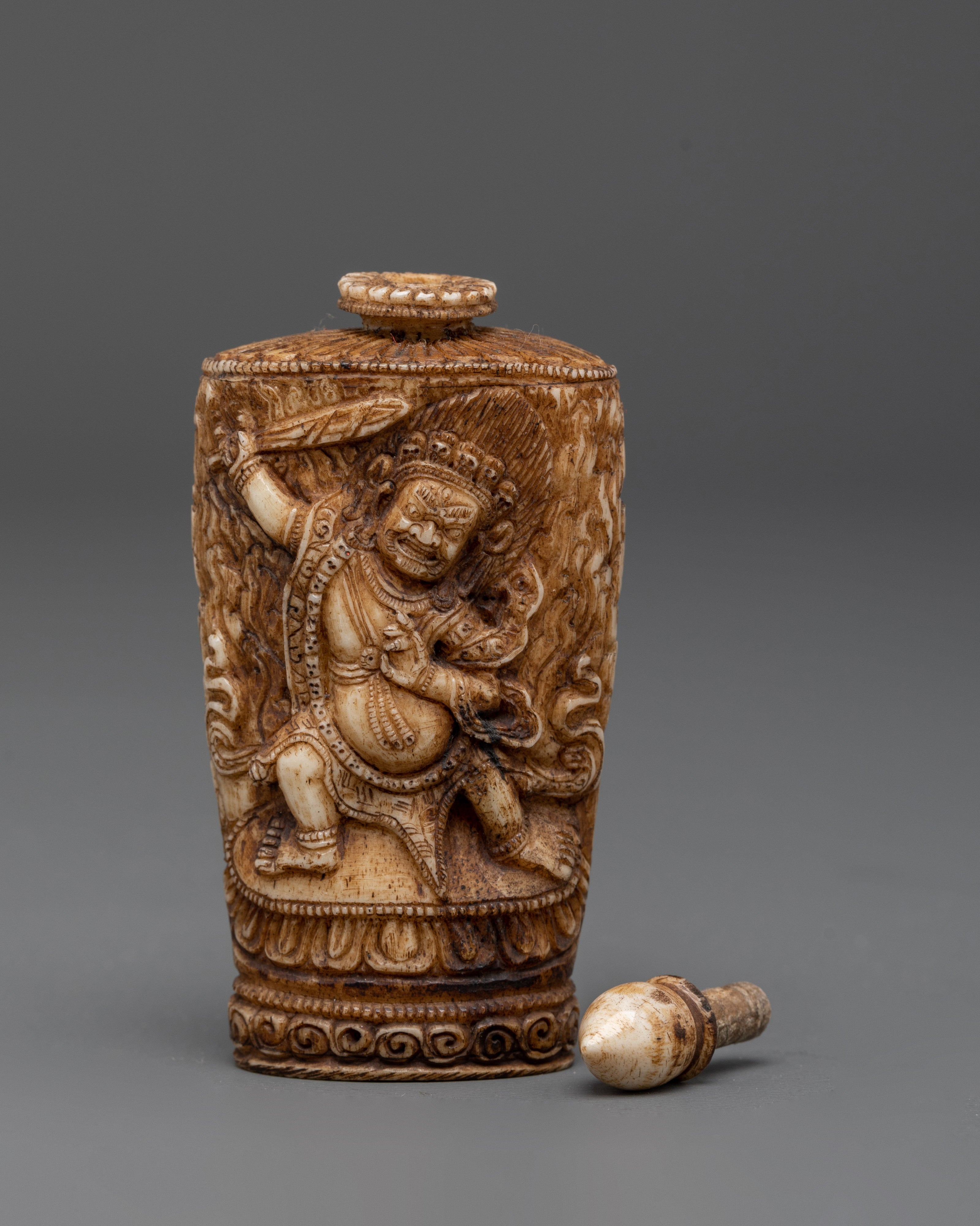 Hand-Carved Tibetan Guardian Deity Snuff Pot | Tibetan Buddhist Ritual Object