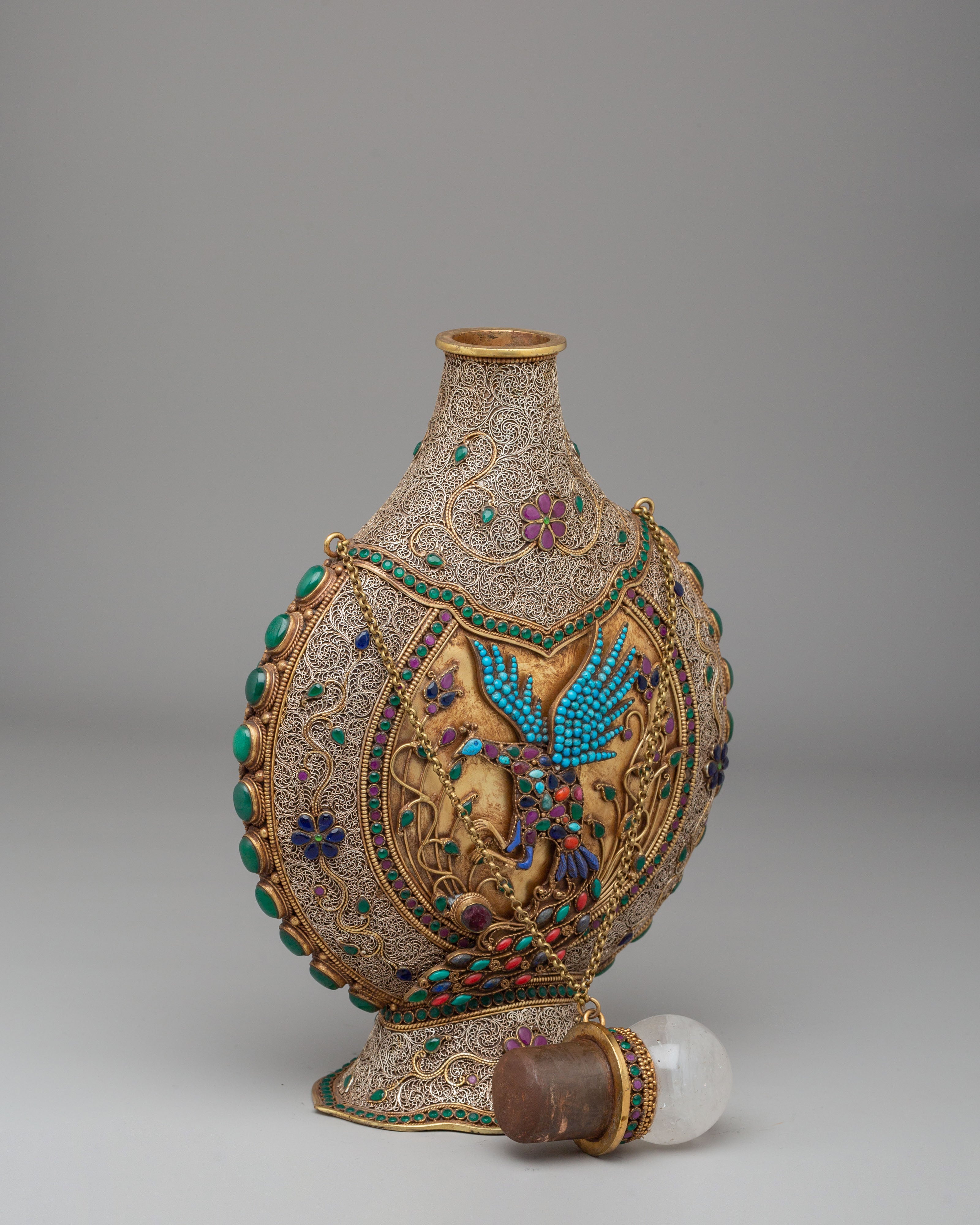Handcrafted Snuffpot With Peacock Design | Copper Silver Artwork