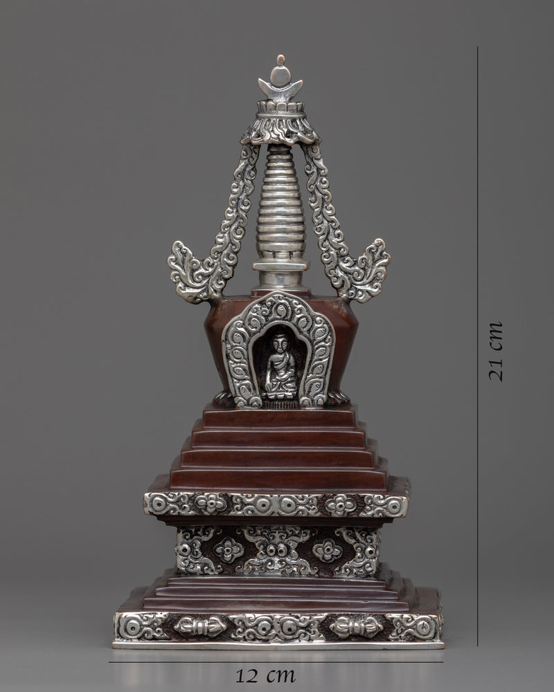 Handmade Copper Stupa | Exquisite Silver Plated Chorten for Buddhists