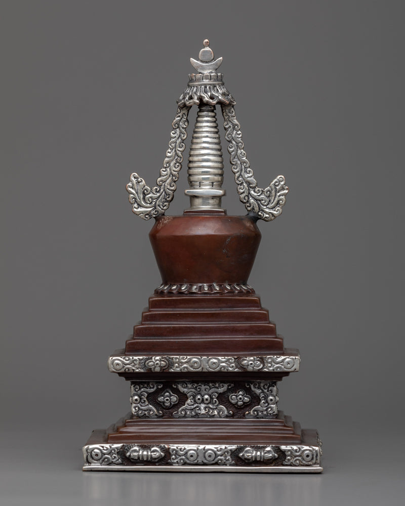 Handmade Copper Stupa | Exquisite Silver Plated Chorten for Buddhists