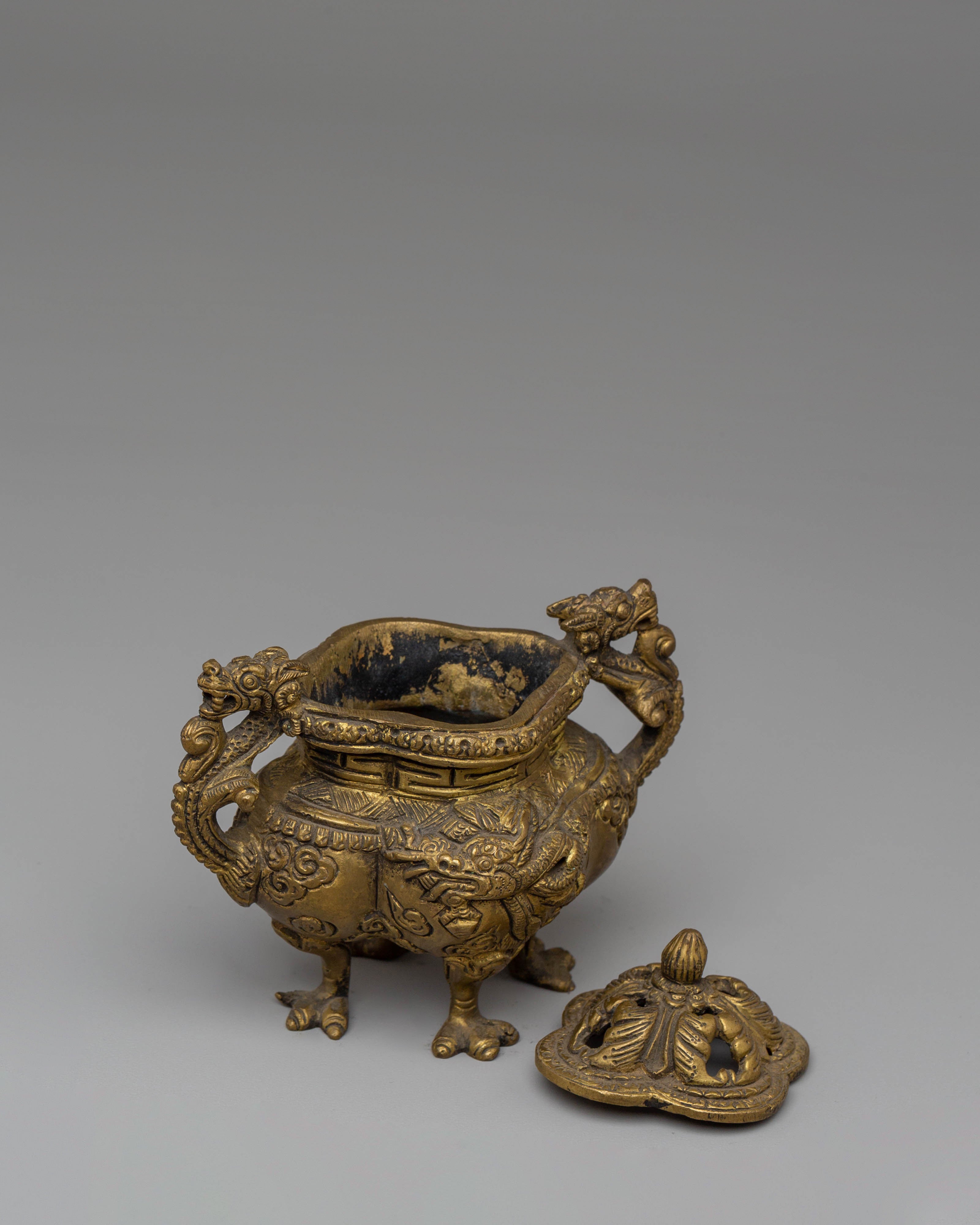 Handmade Dragon Motifs Incense Burner | Brass Ritual Decor