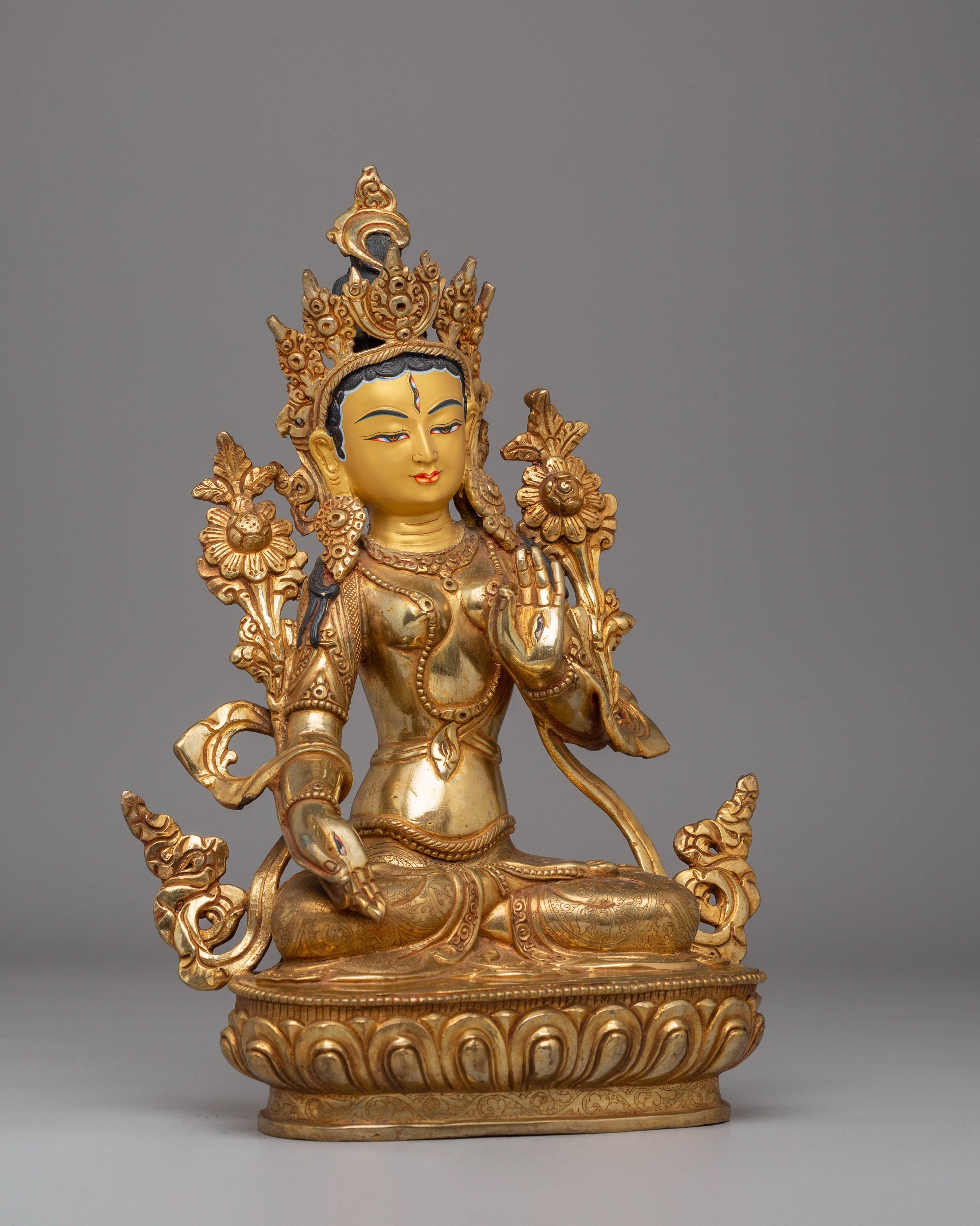 Handcrafted White Tara Copper Statue with 24K Gold Gilding