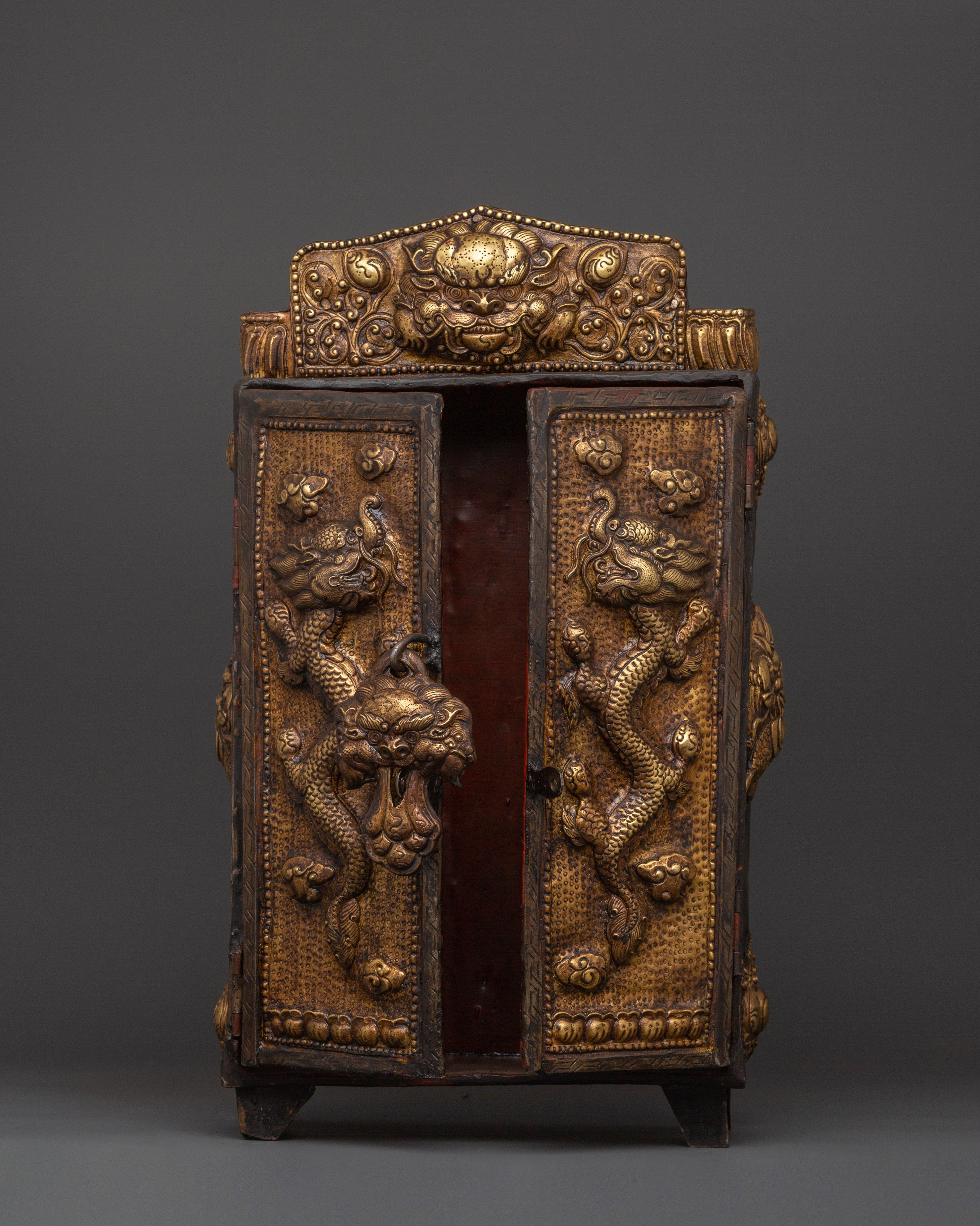 Large Tibetan Ghau Box | Brass & Iron Buddhist Altar Shrine