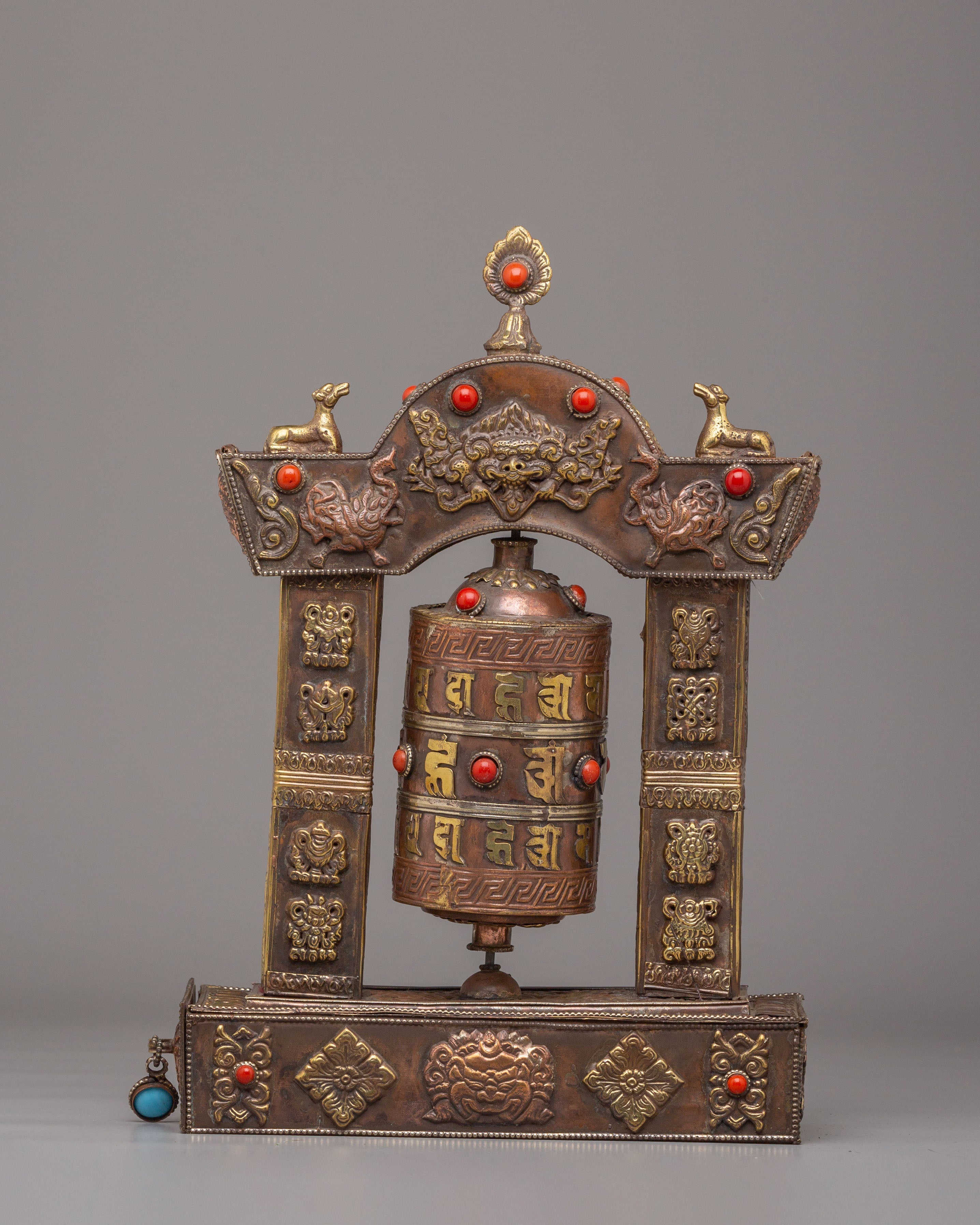 Traditional Mantra Prayer Wheel | Tibetan Copper Body with Gemstones