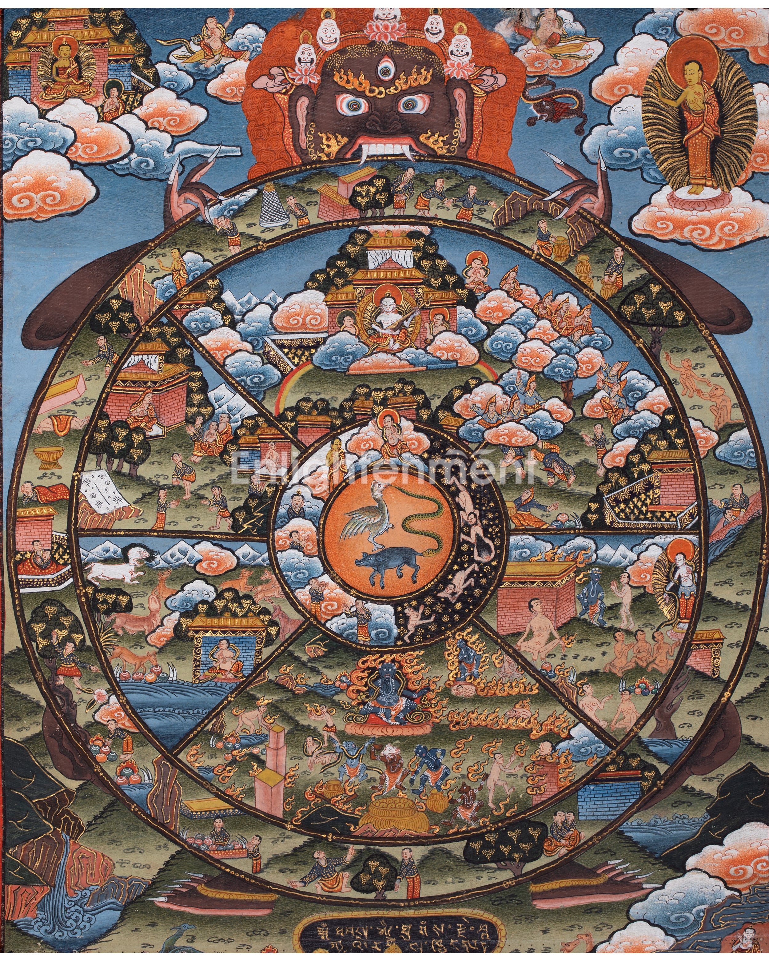 Old Vintage Wheel of Life with Top and Bottom Torn - Best to buy with Brocade | Bhavachakra Thangka