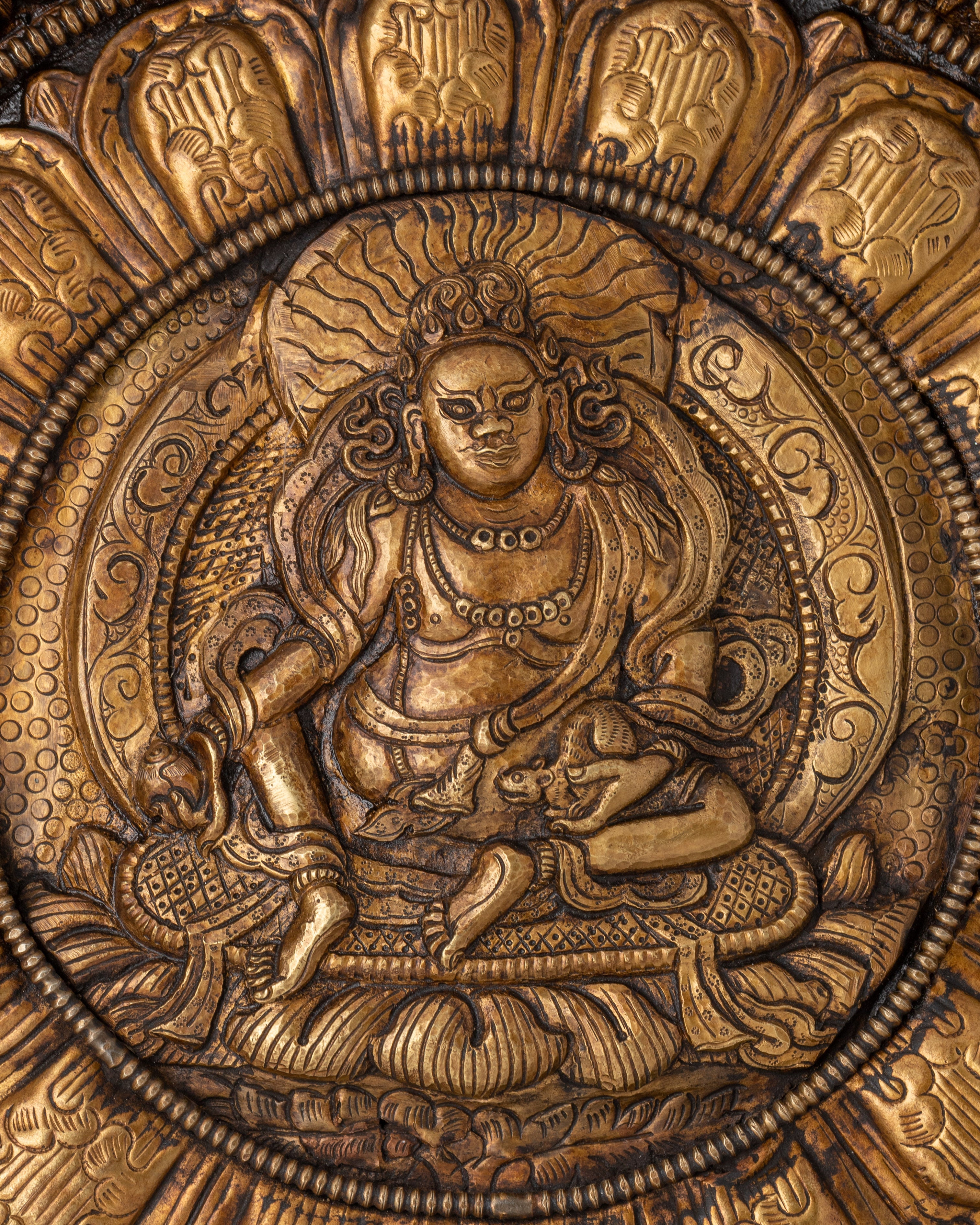 Wall Hanging with Engraved Yellow Dzambhala | Tibetan Wealth Deity Art