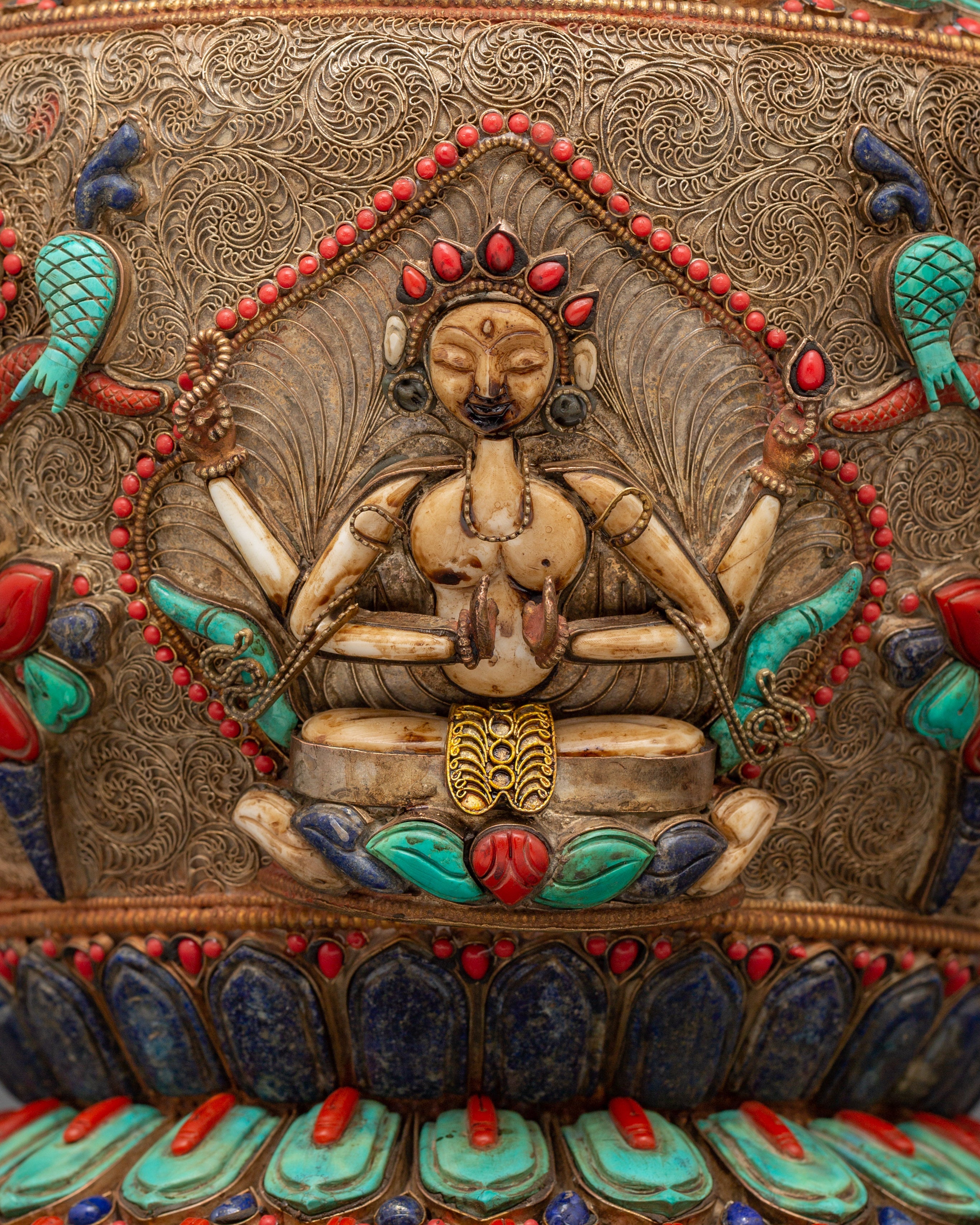 Tibetan Ritual Rice Pot with Coral | Buddhist Ritual and Altar Use