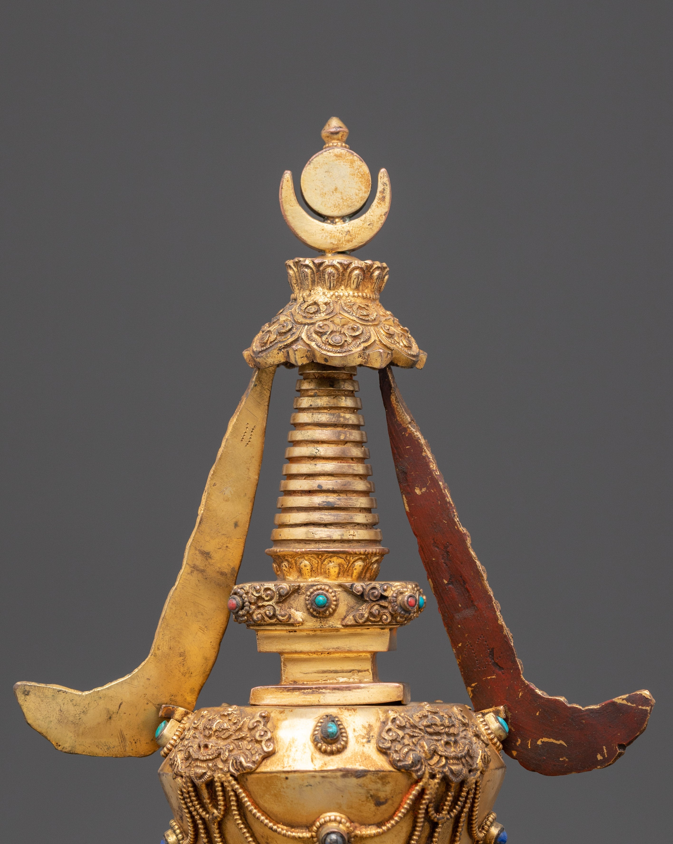 Sacred Stupa Containing Amitābha Buddha | Gold Plated Copper with Turquoise Inlay
