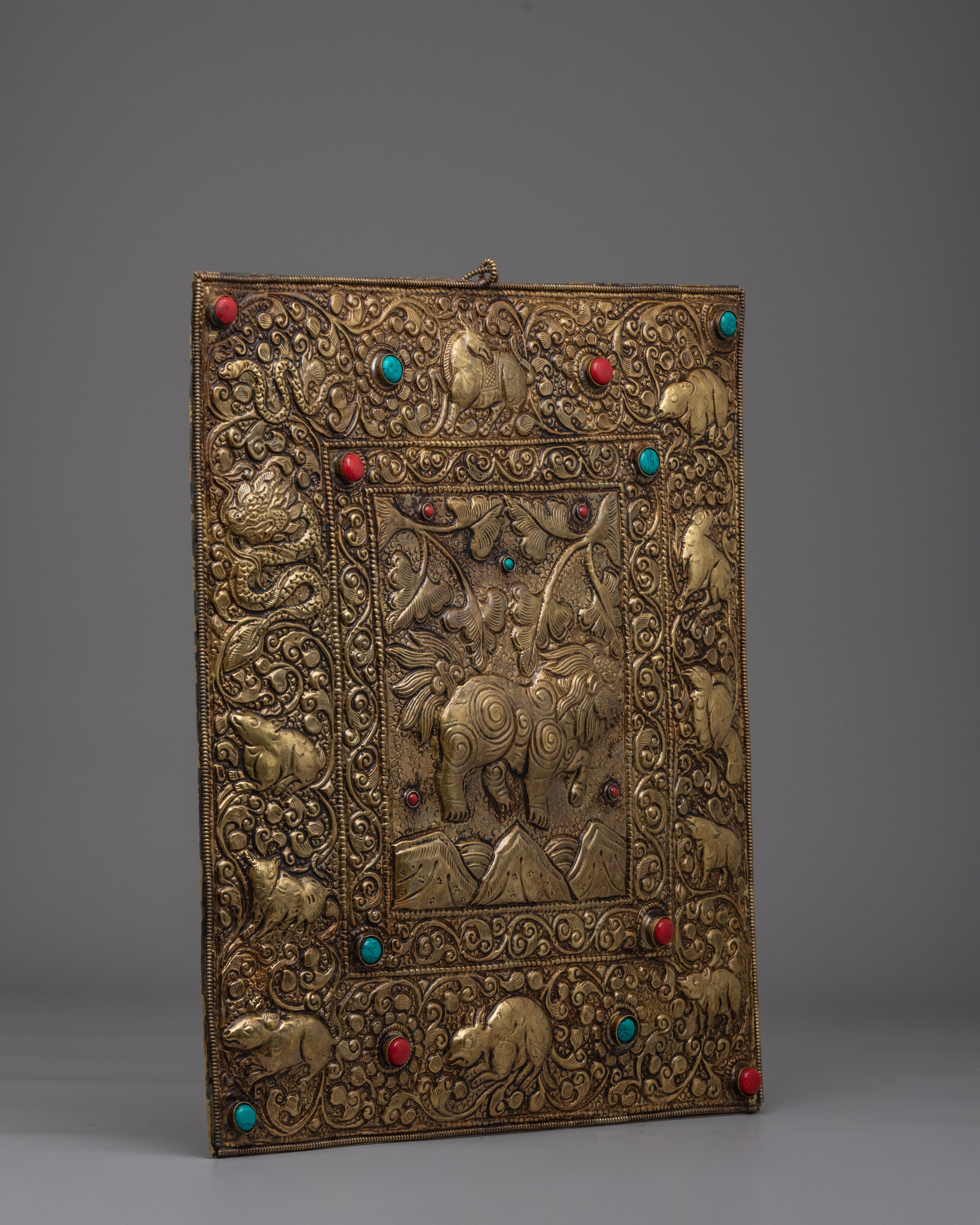 Decorative Tibetan Wall Hanging | Gemstone Inlaid Copper Art