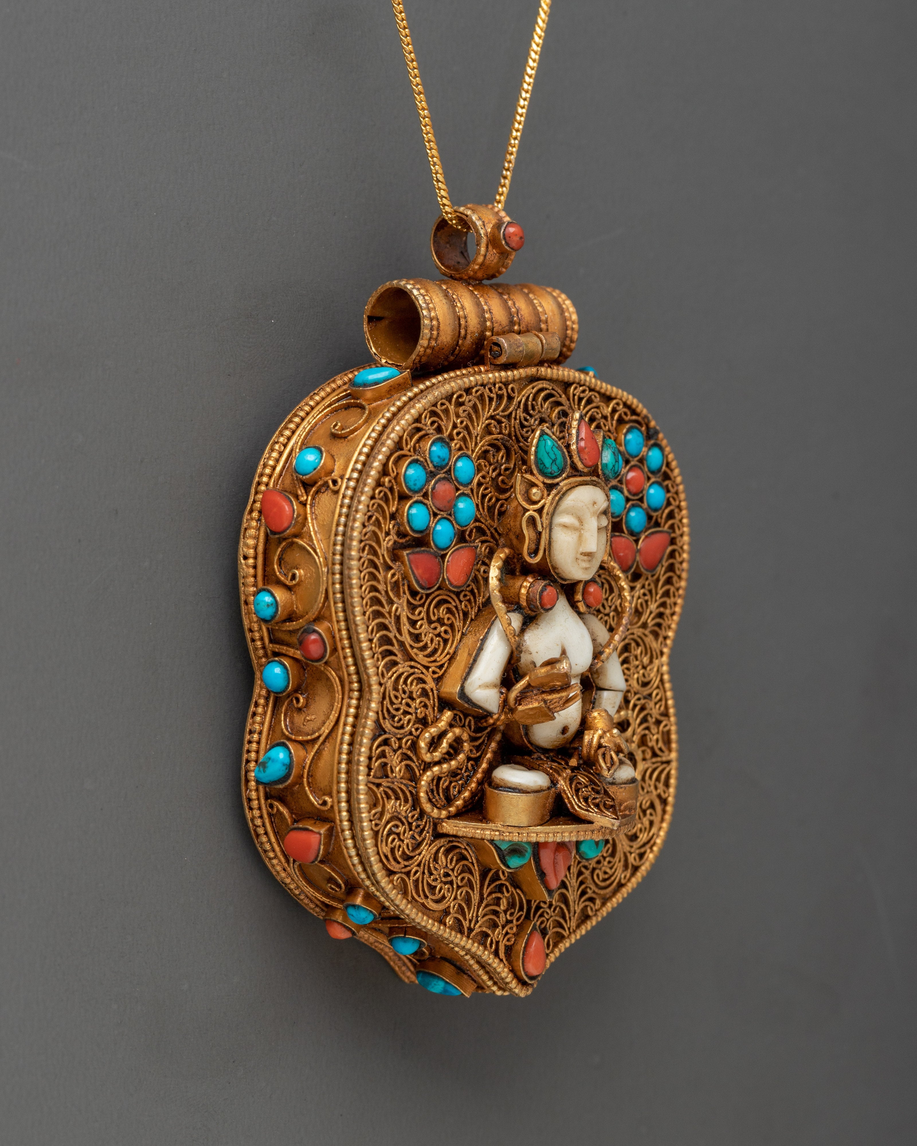 Gold Plated Deity Pendant with Coral | Sacred Buddhist Amulet Pendant