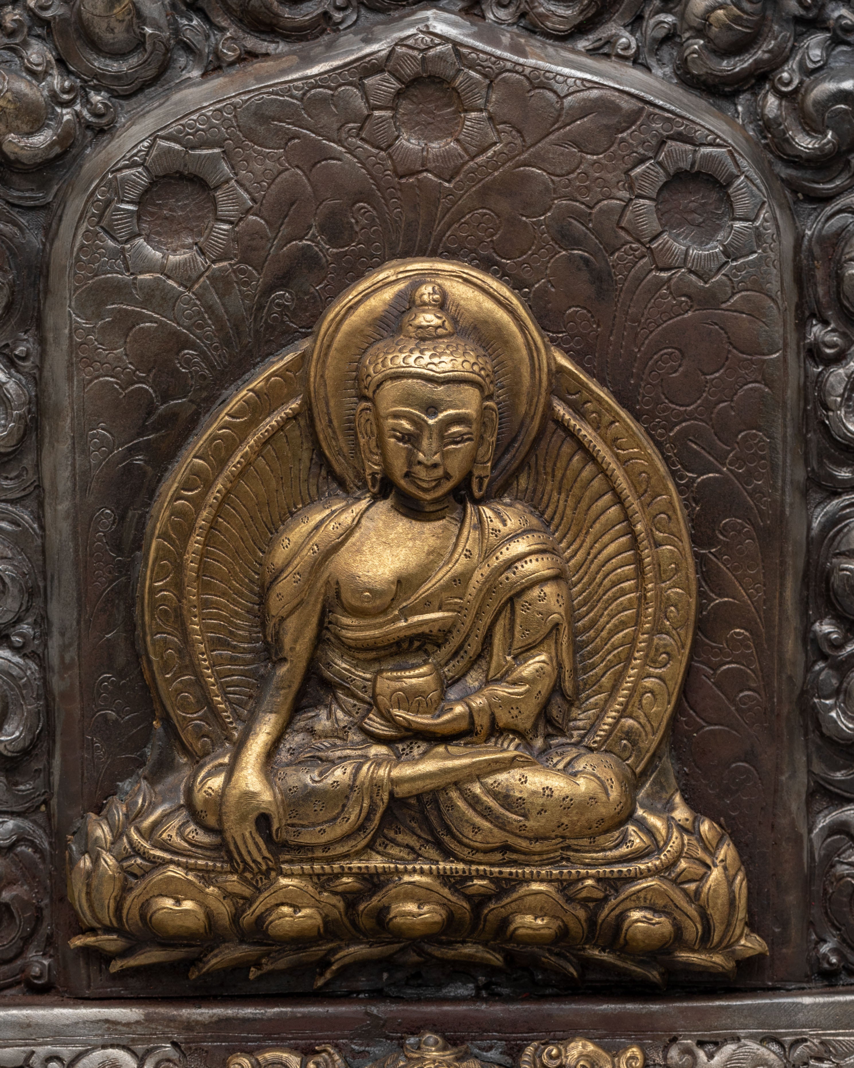 Handmade Shakyamuni Buddha Altar Box | Copper & Iron Ghau Box for Sacred Offerings