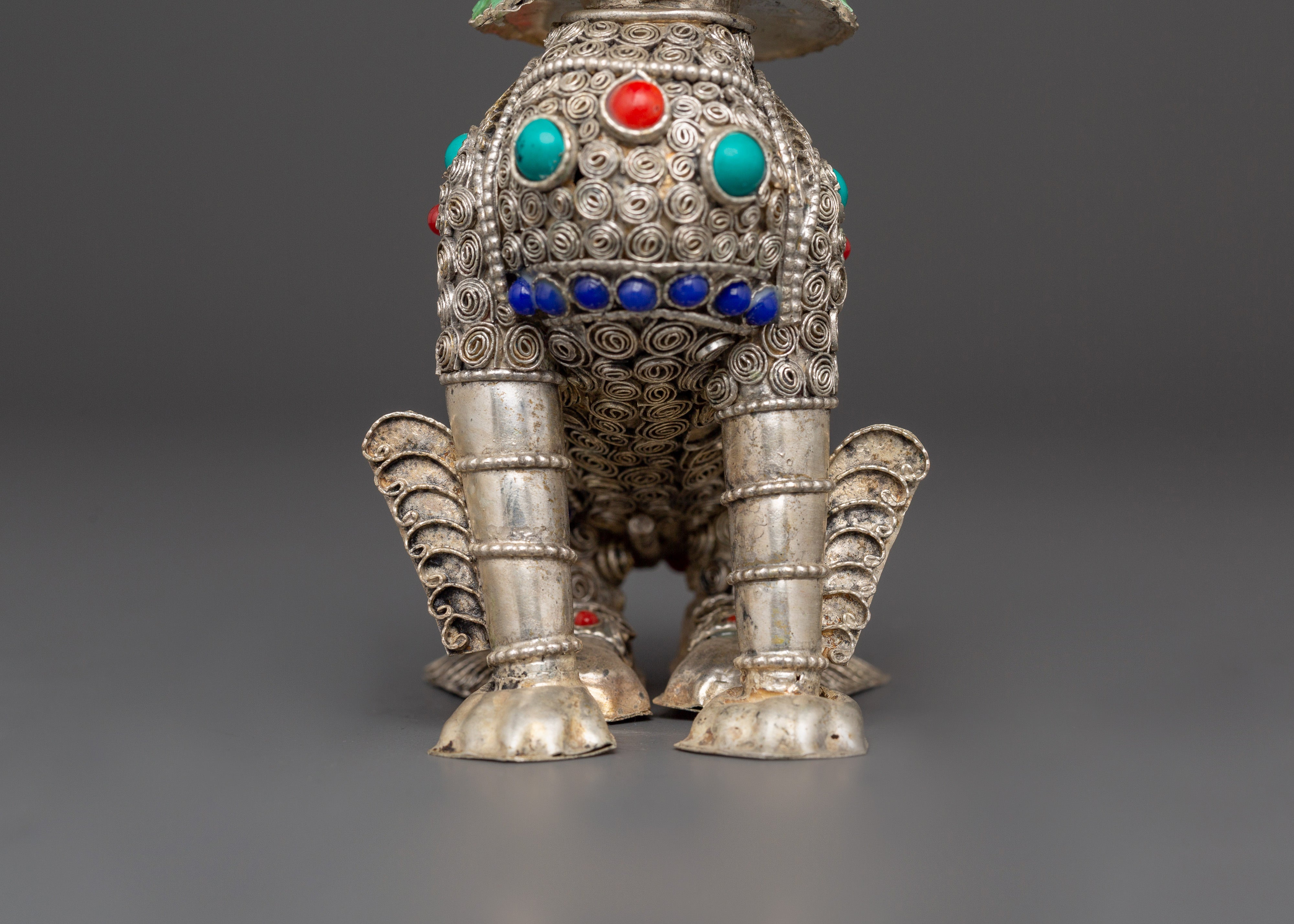 Tibetan Snow Lion Buddhist Protector Set | Silver-Plated White Metal Guardian Statues